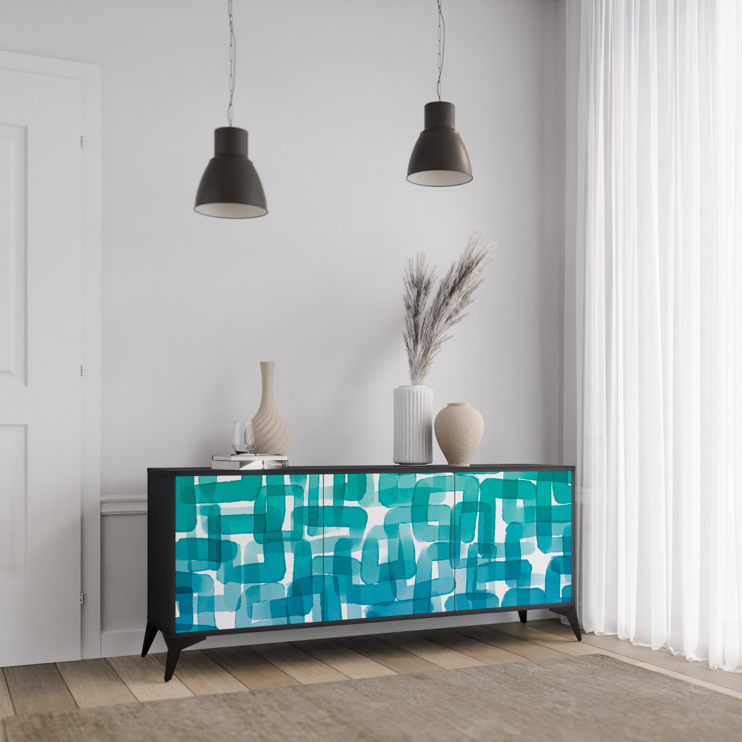 TURQUOISE RECTANGLES Sideboard mit 3 Türen in Schwarz