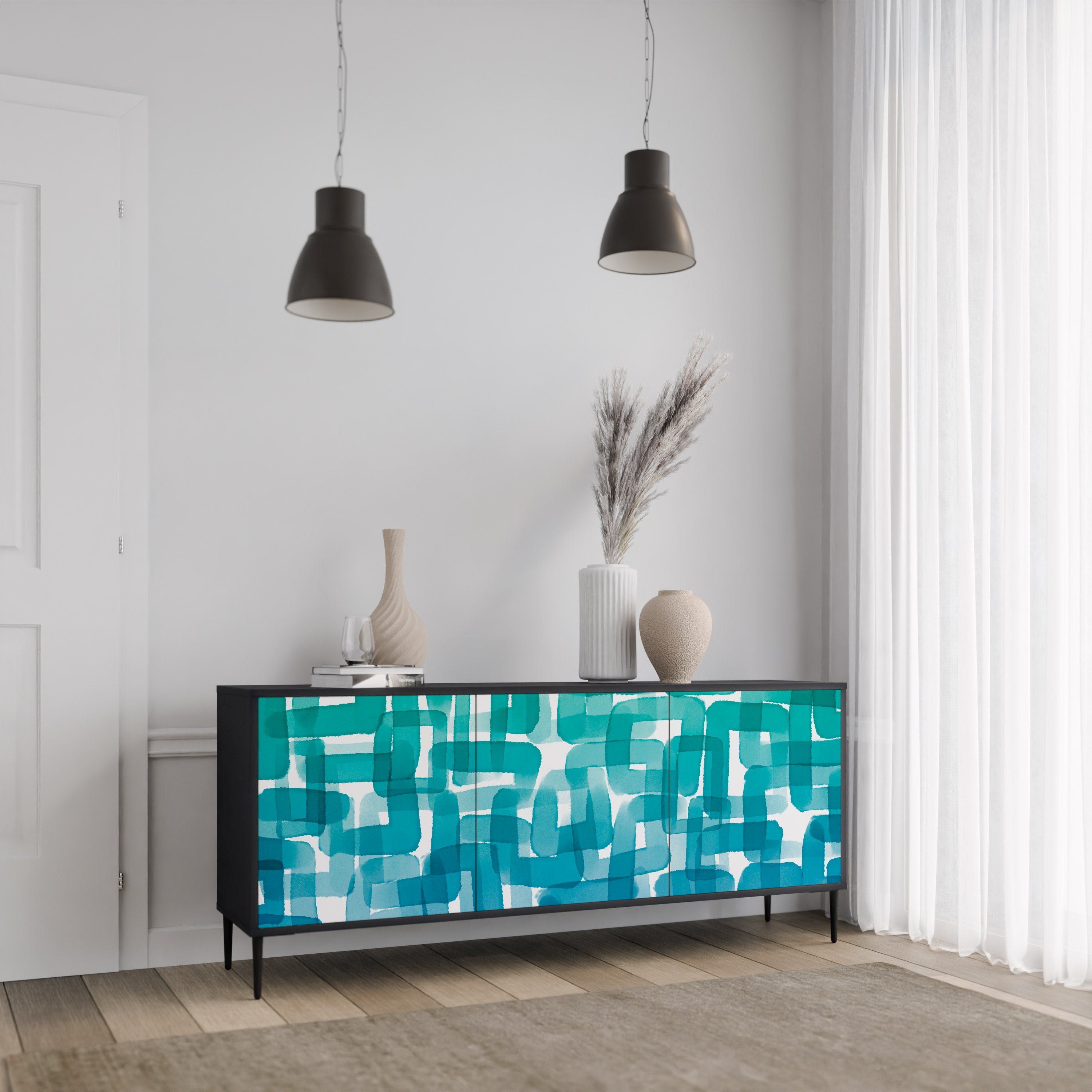 TURQUOISE RECTANGLES Sideboard mit 3 Türen in Schwarz