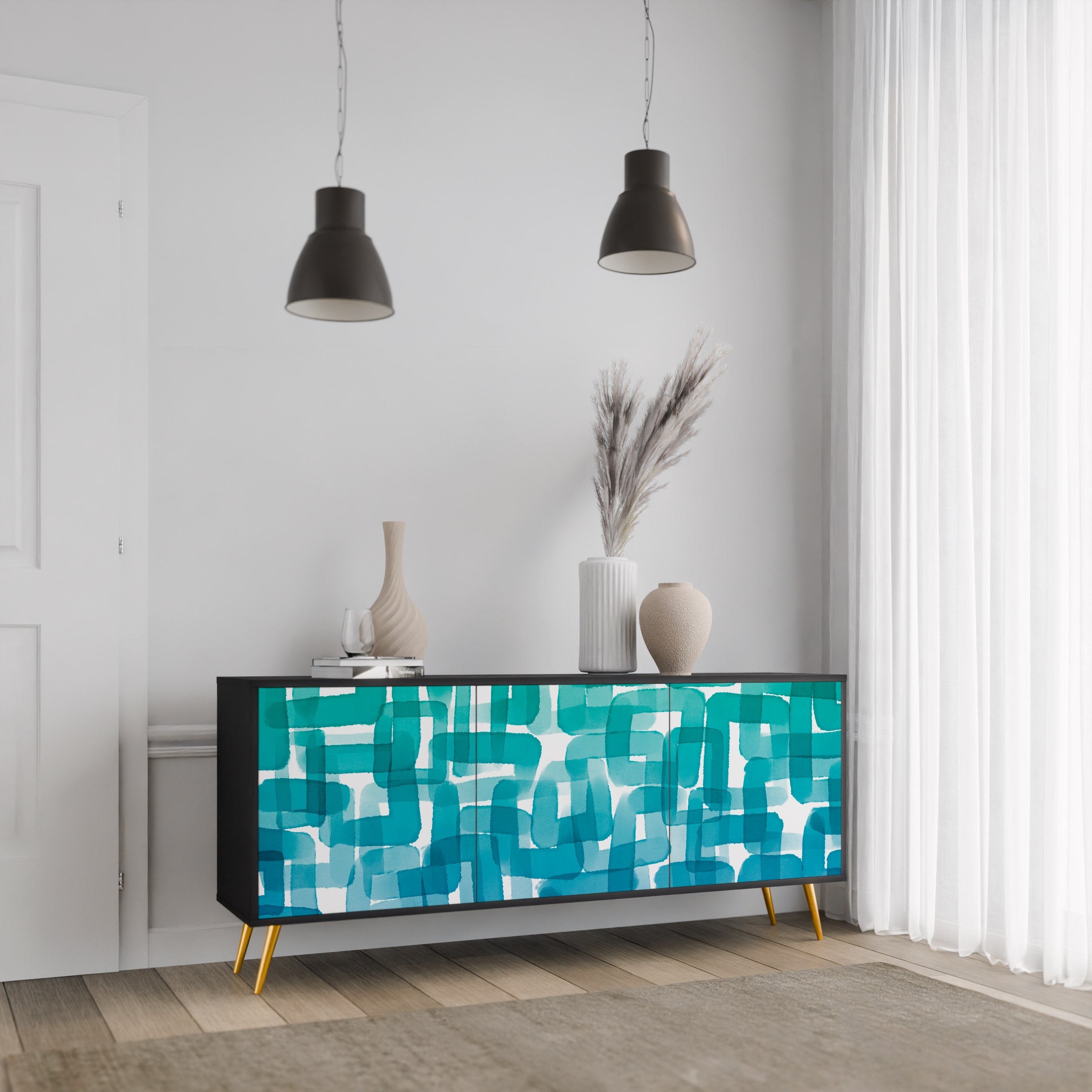 TURQUOISE RECTANGLES Sideboard mit 3 Türen in Schwarz