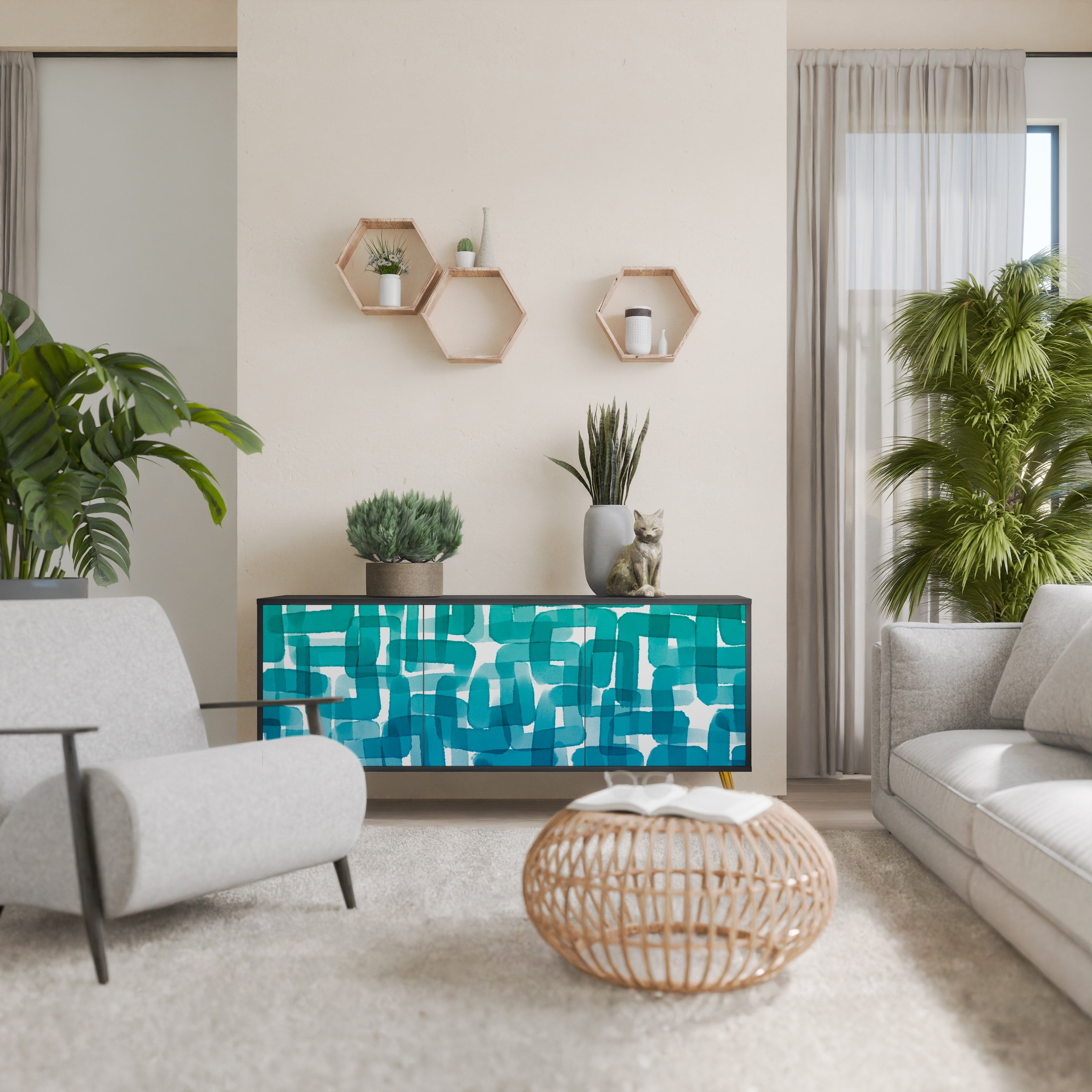 TURQUOISE RECTANGLES Sideboard mit 3 Türen in Schwarz