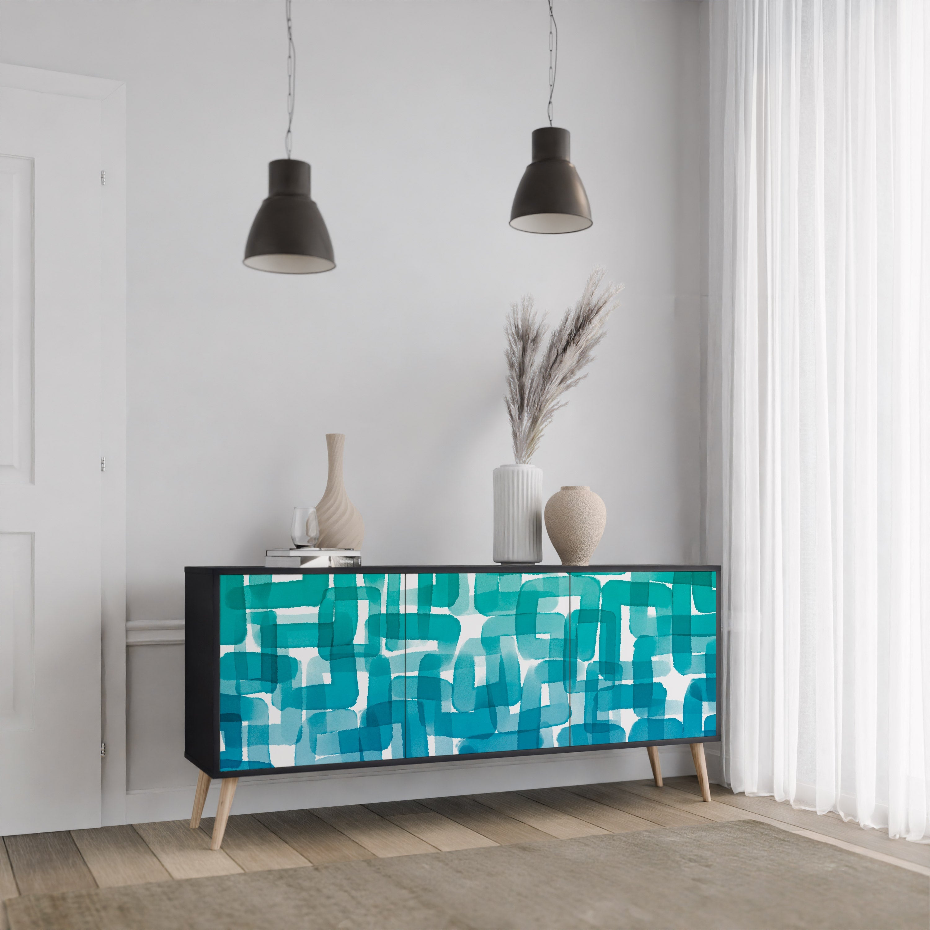 TURQUOISE RECTANGLES Sideboard mit 3 Türen in Schwarz