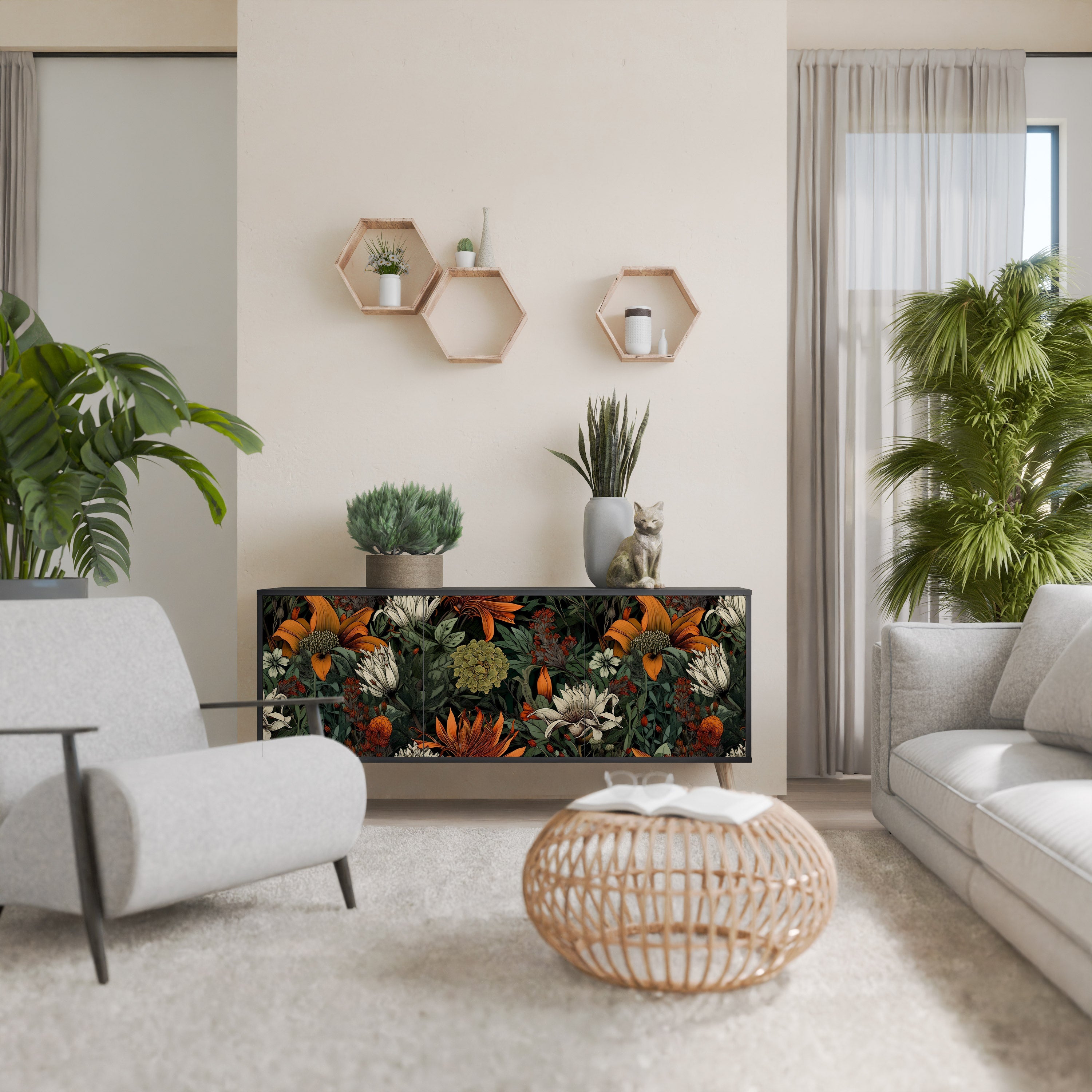 MIDNIGHT SPROUT 3-Door Sideboard in Black Finish