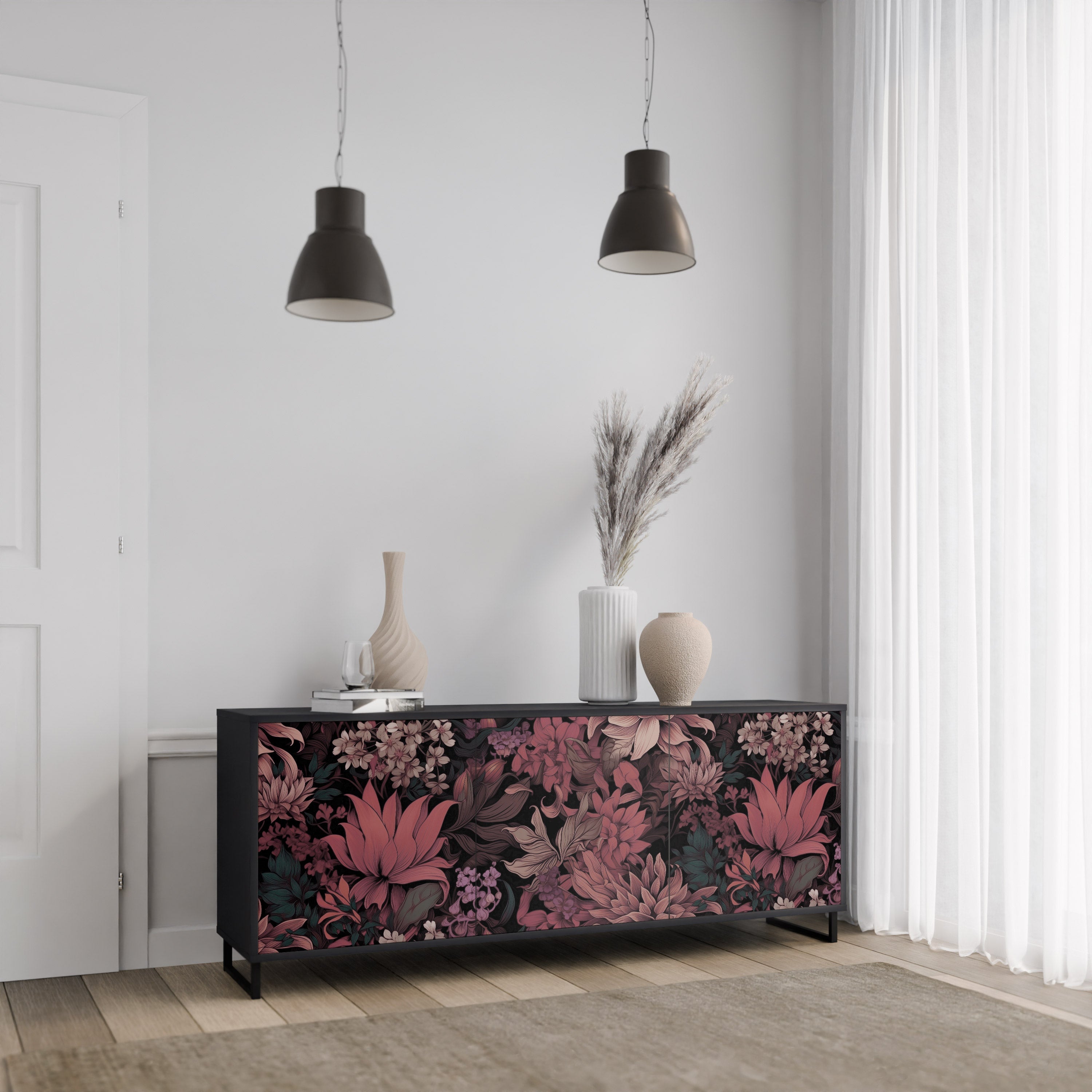 FLORAL WHISPER 3-Door Sideboard in Black Finish