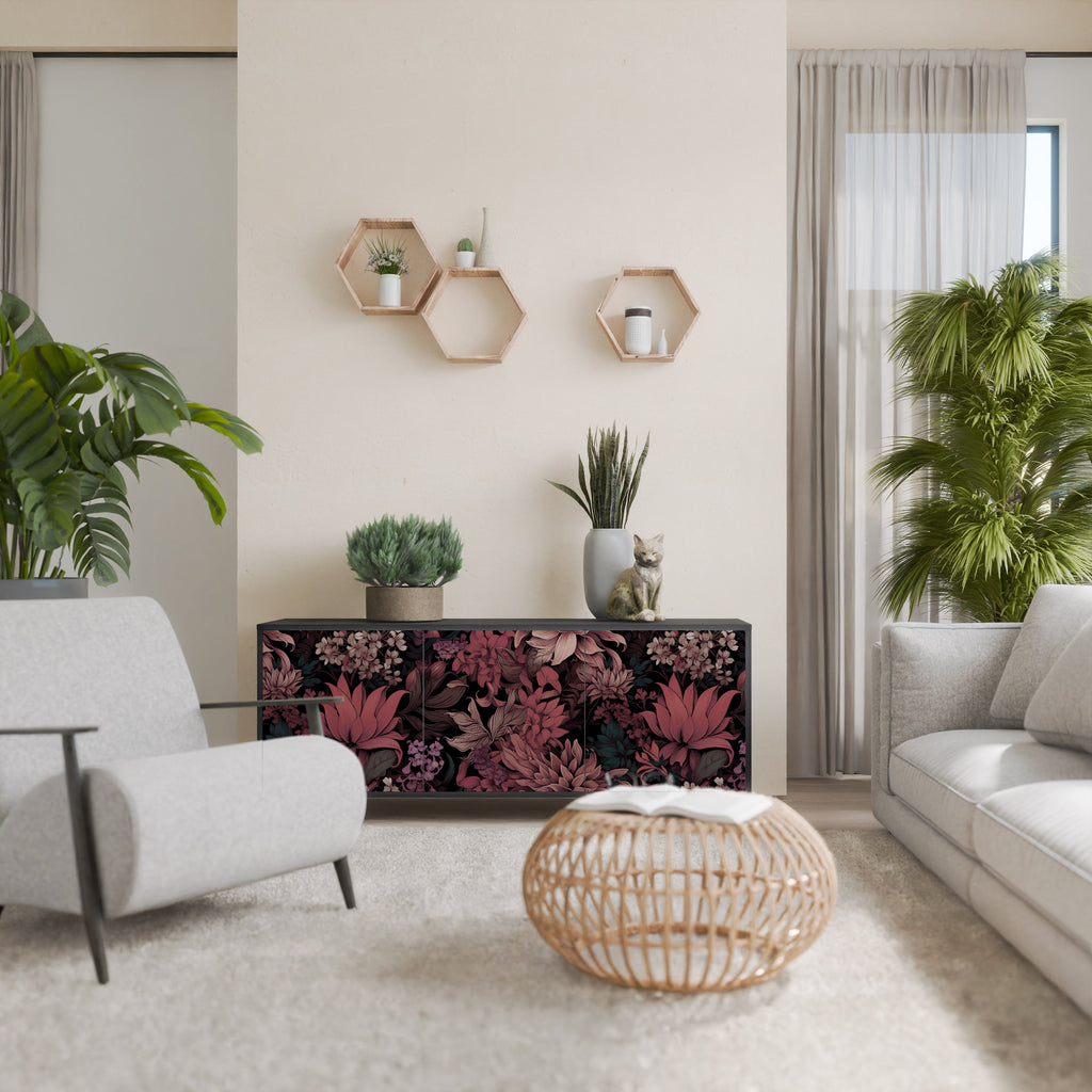 FLORAL WHISPER 3-Door Sideboard in Black Finish