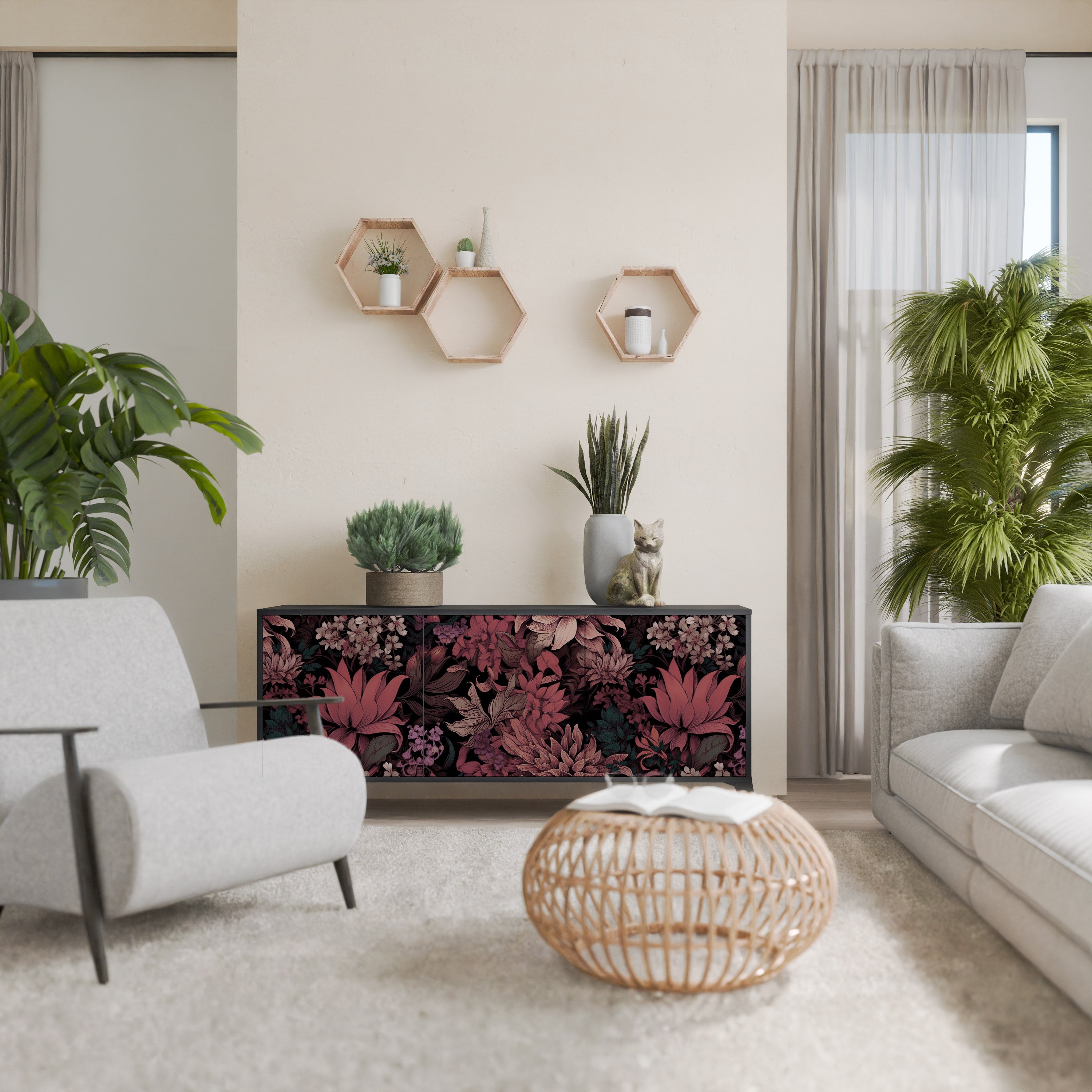 FLORAL WHISPER 3-Door Sideboard in Black Finish