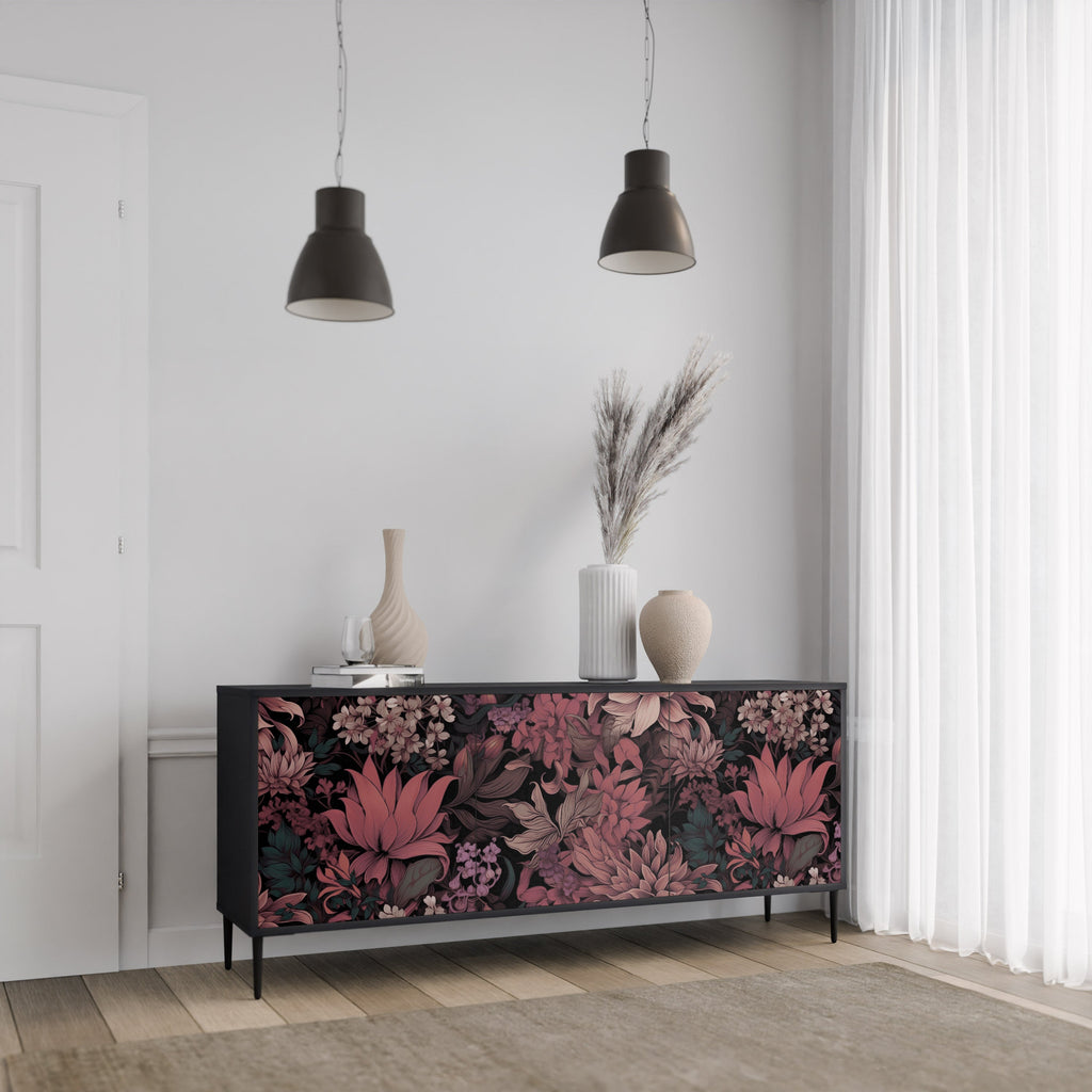 FLORAL WHISPER 3-Door Sideboard in Black Finish