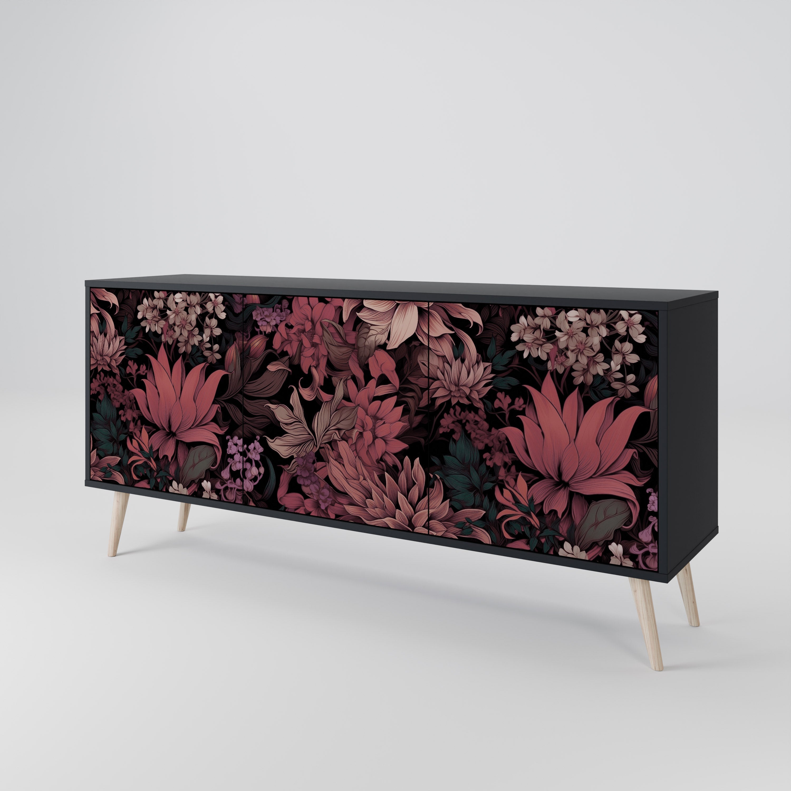 FLORAL WHISPER 3-Door Sideboard in Black Finish