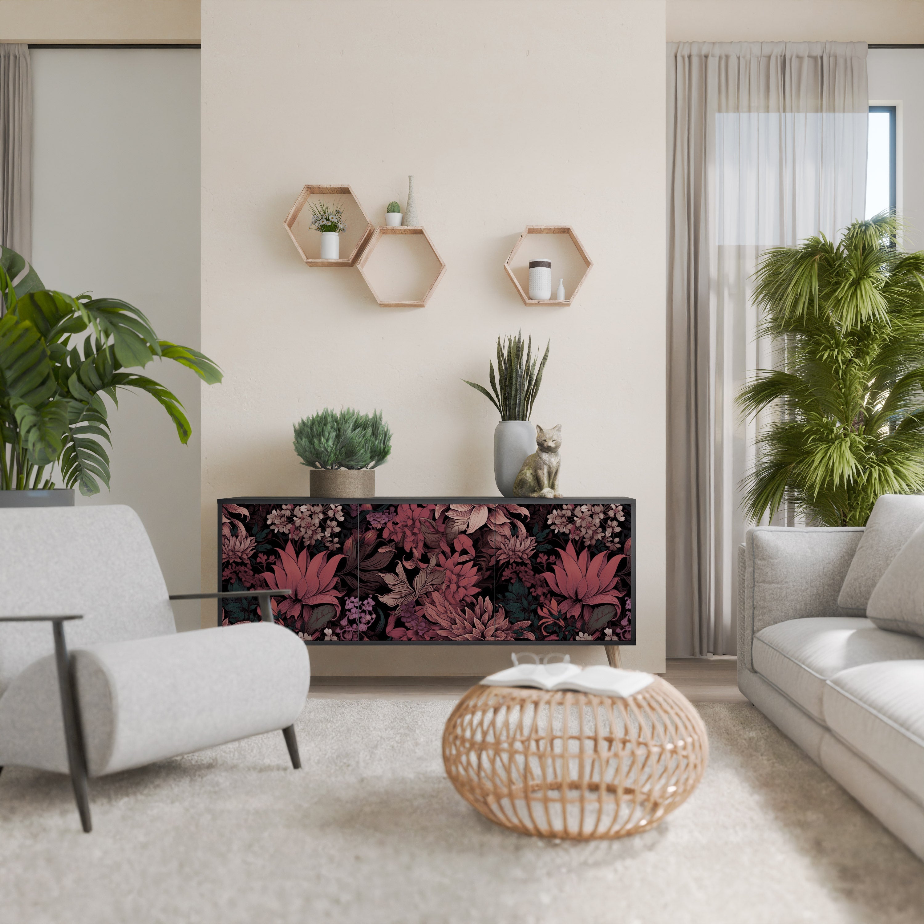 FLORAL WHISPER 3-Door Sideboard in Black Finish