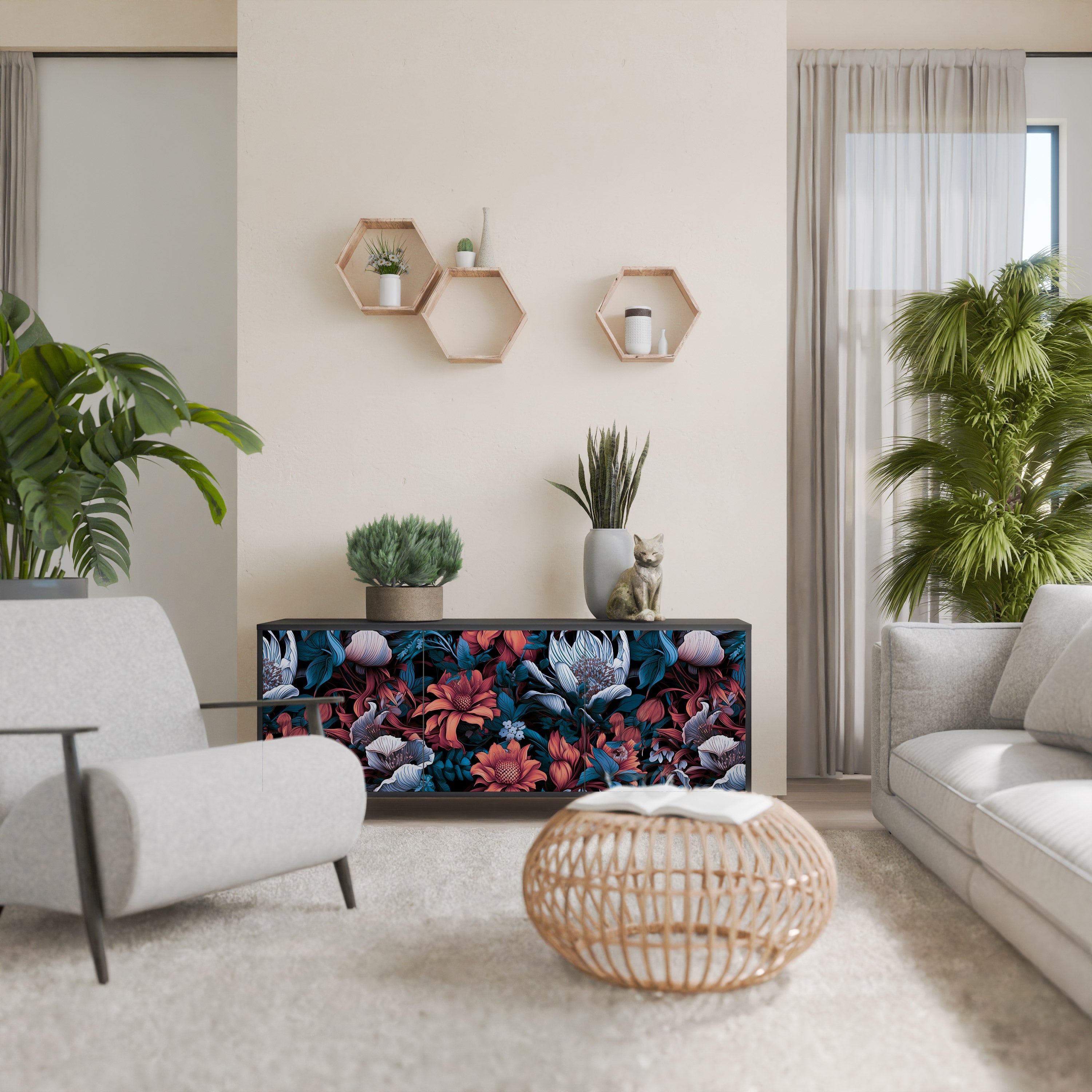 ETHEREAL BLOSSOMS Sideboard mit 3 Türen in Schwarz
