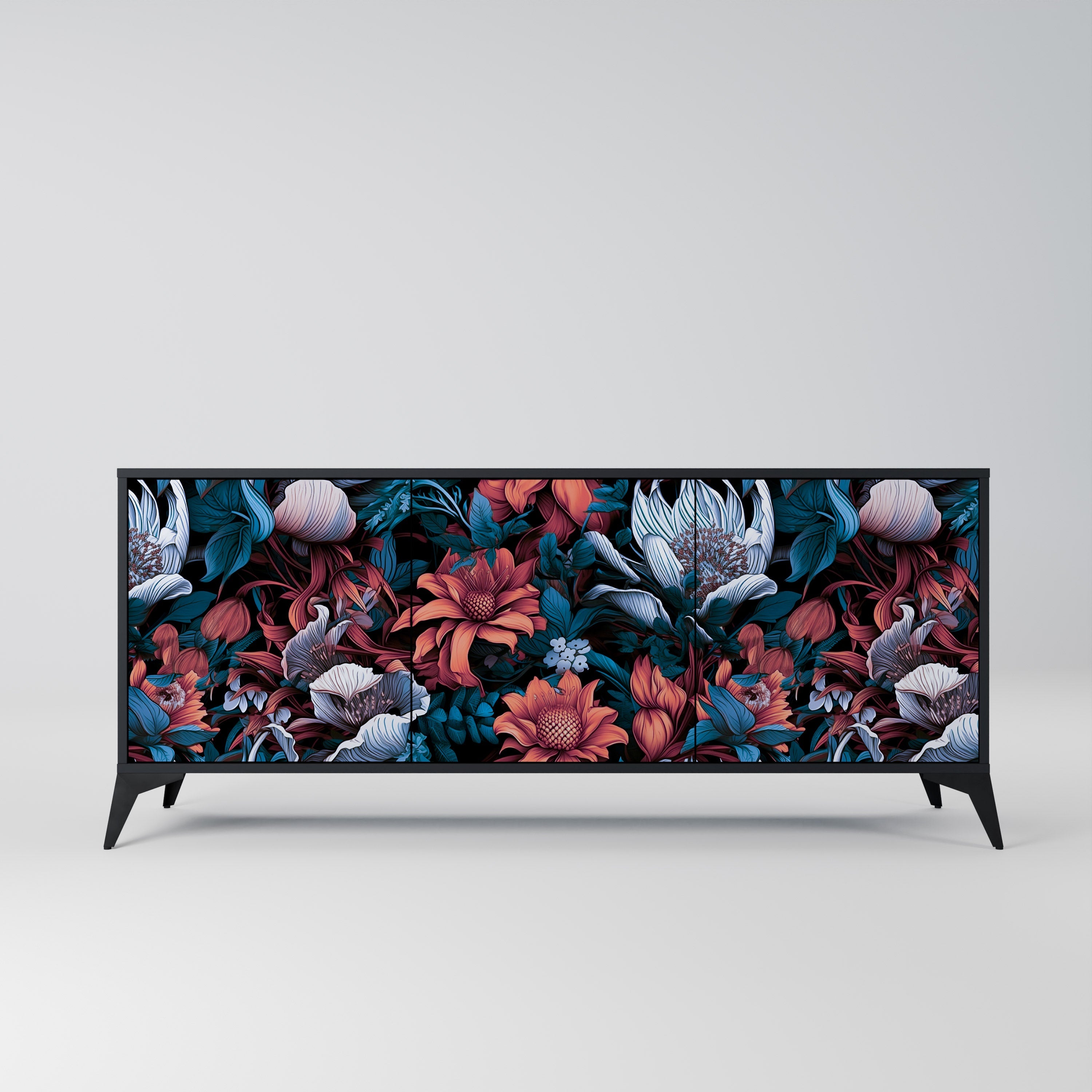 ETHEREAL BLOSSOMS 3-Door Sideboard in Black Finish