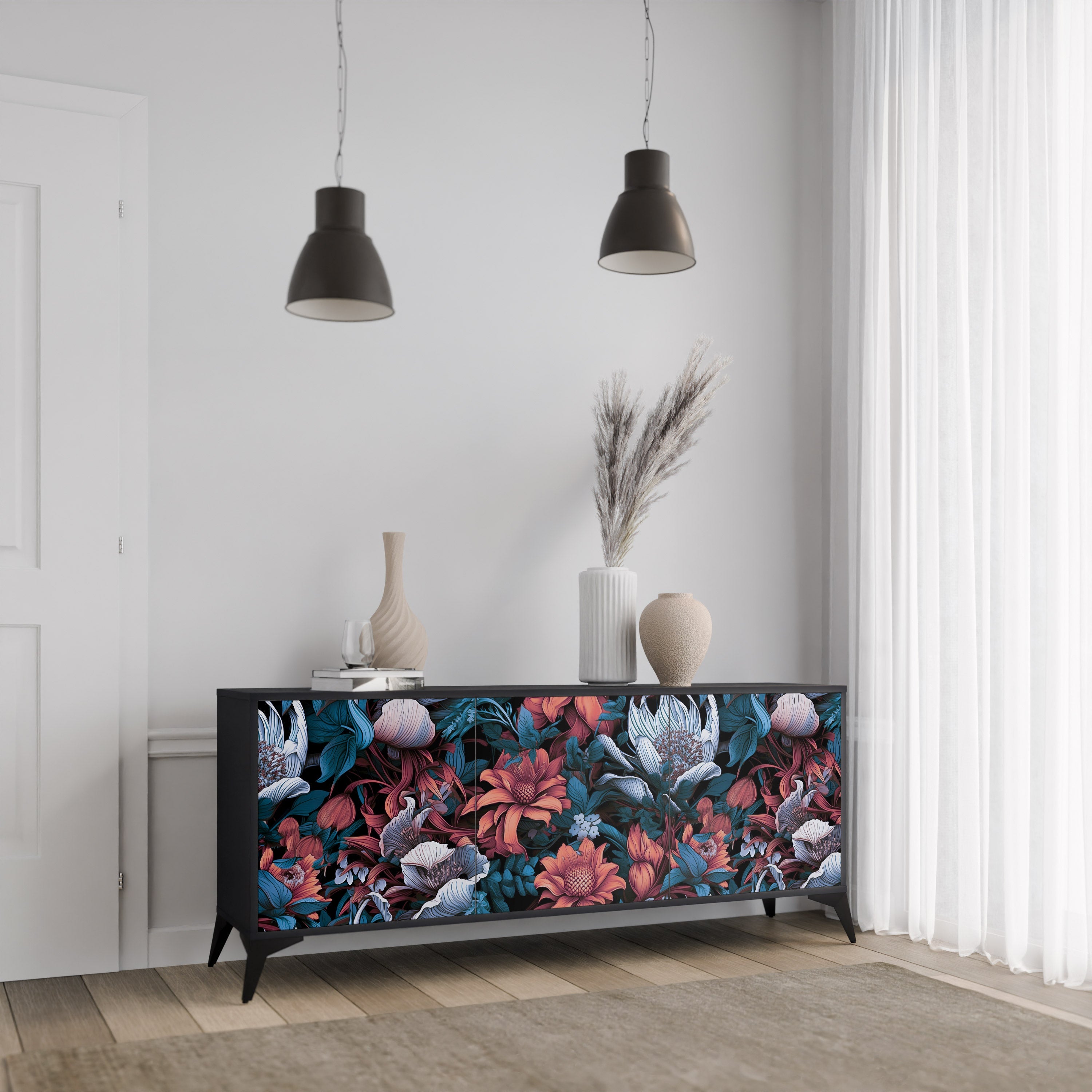 ETHEREAL BLOSSOMS Sideboard mit 3 Türen in Schwarz