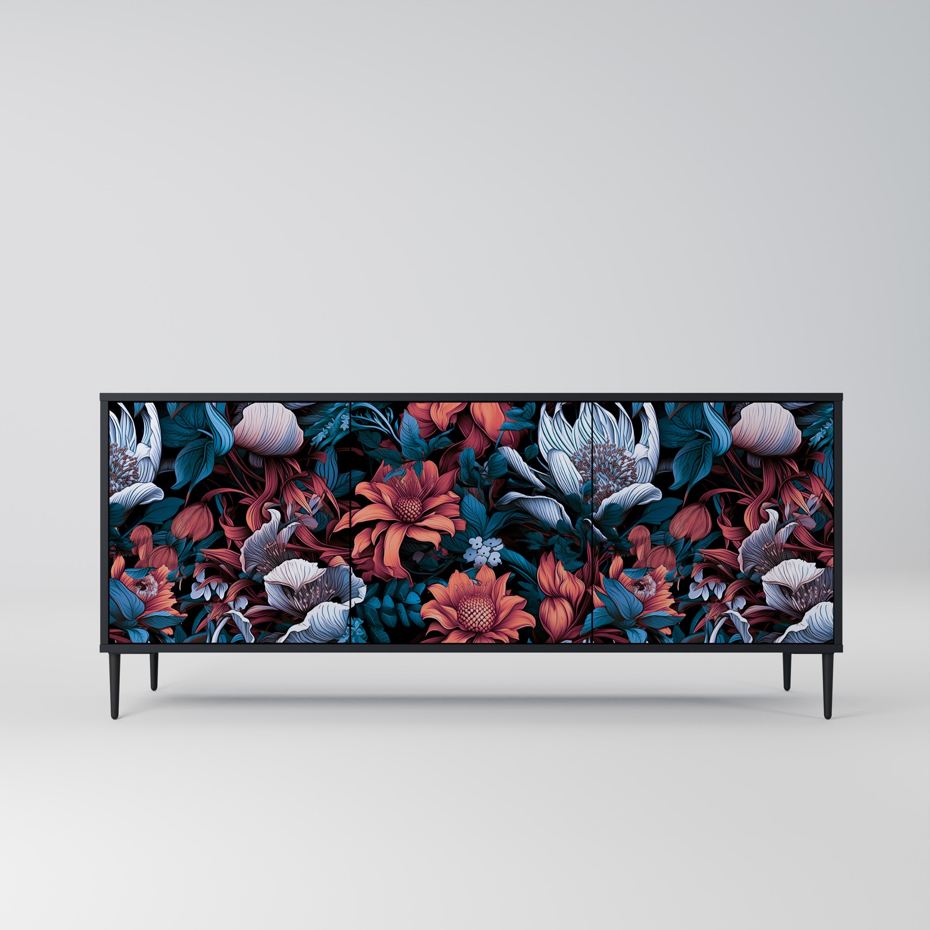 ETHEREAL BLOSSOMS 3-Door Sideboard in Black Finish