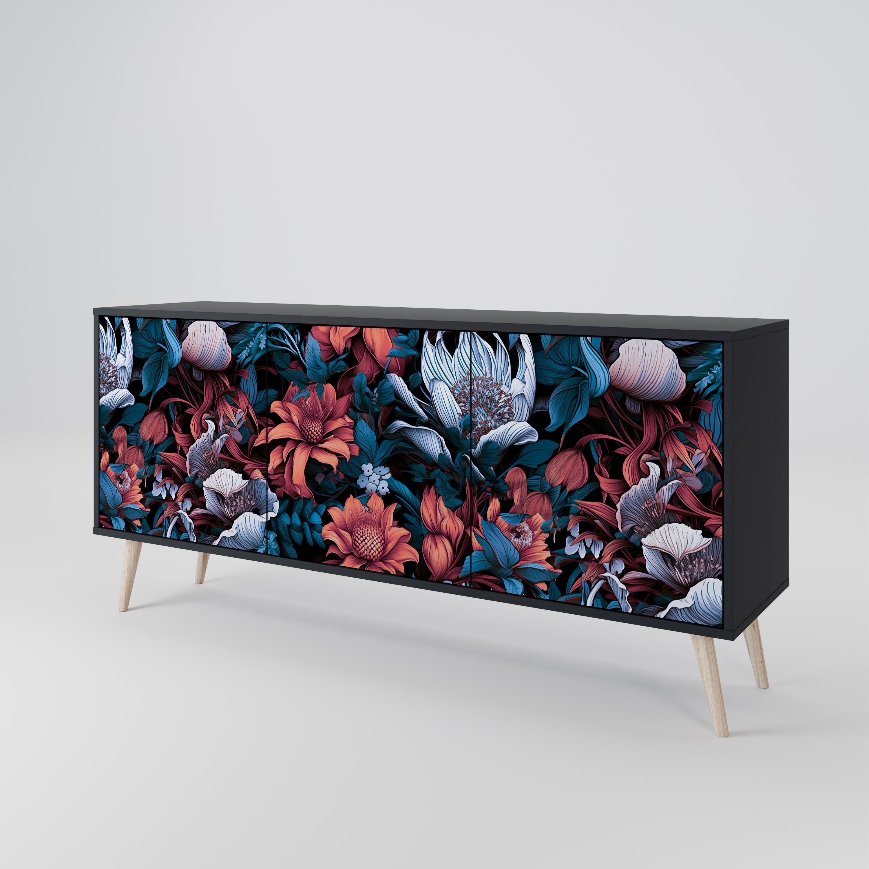 ETHEREAL BLOSSOMS Sideboard mit 3 Türen in Schwarz