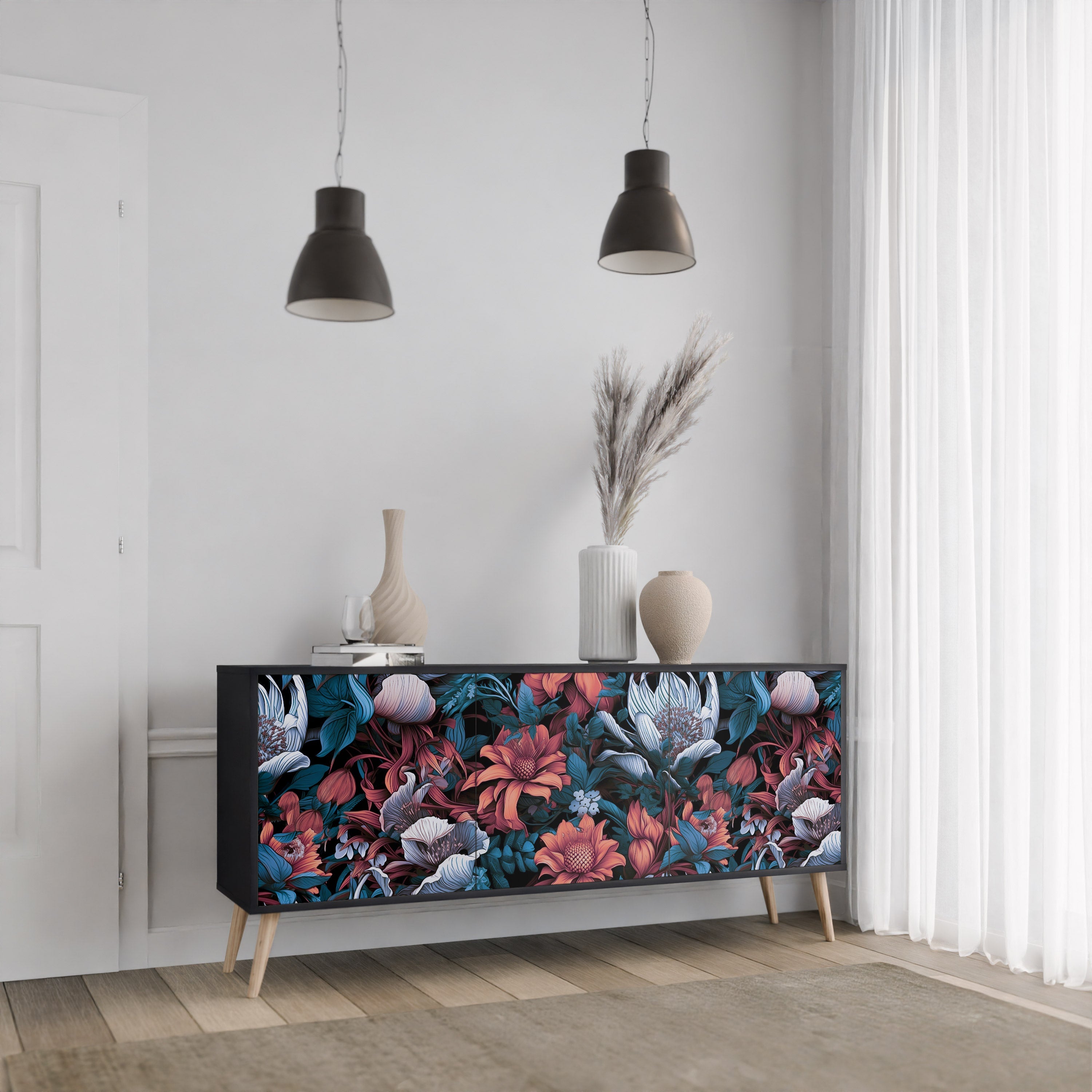 ETHEREAL BLOSSOMS Sideboard mit 3 Türen in Schwarz