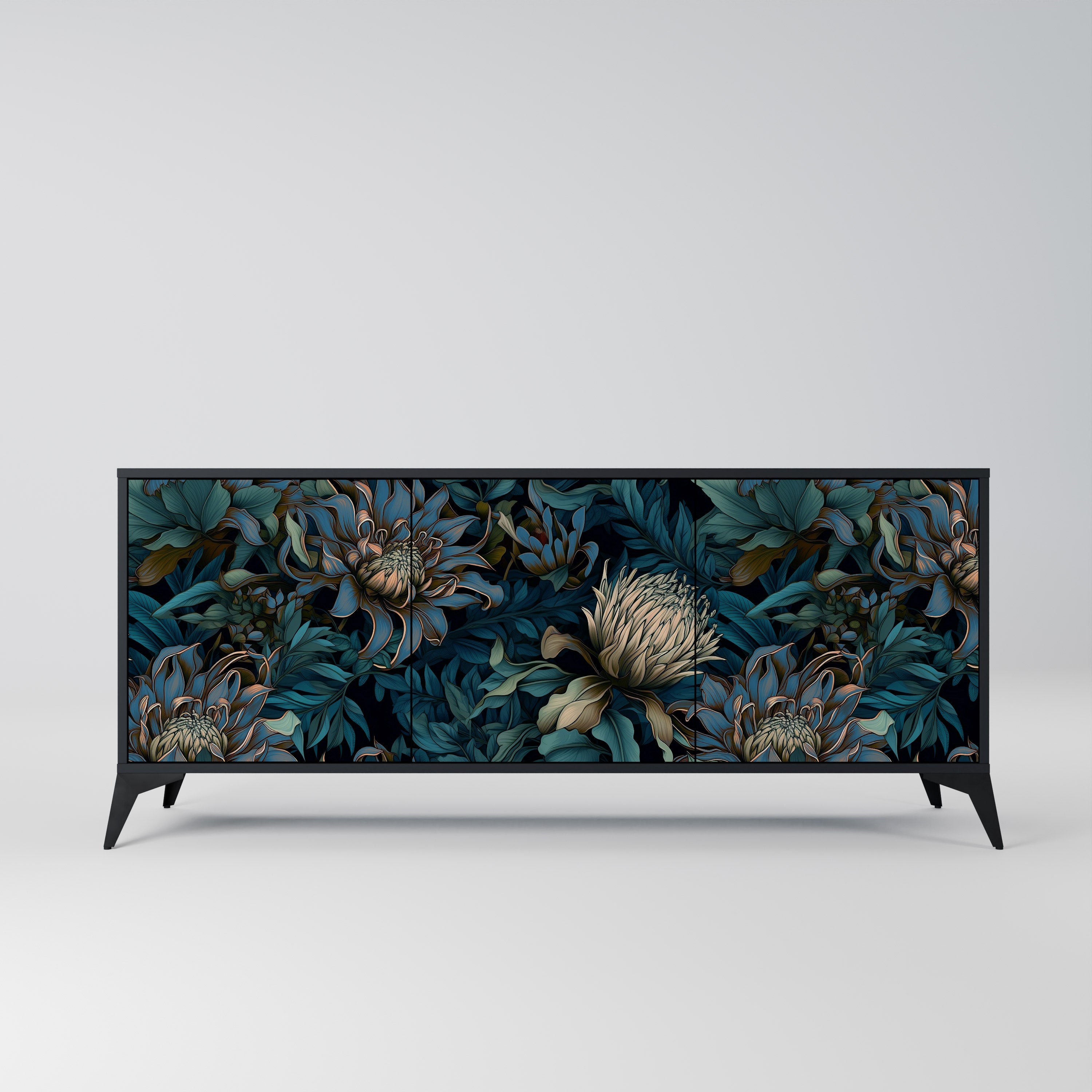 TWILIGHT BLOOM 3-Door Sideboard in Black Finish