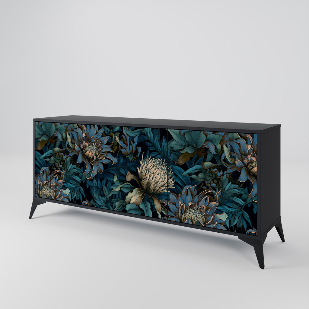TWILIGHT BLOOM 3-Door Sideboard in Black Finish
