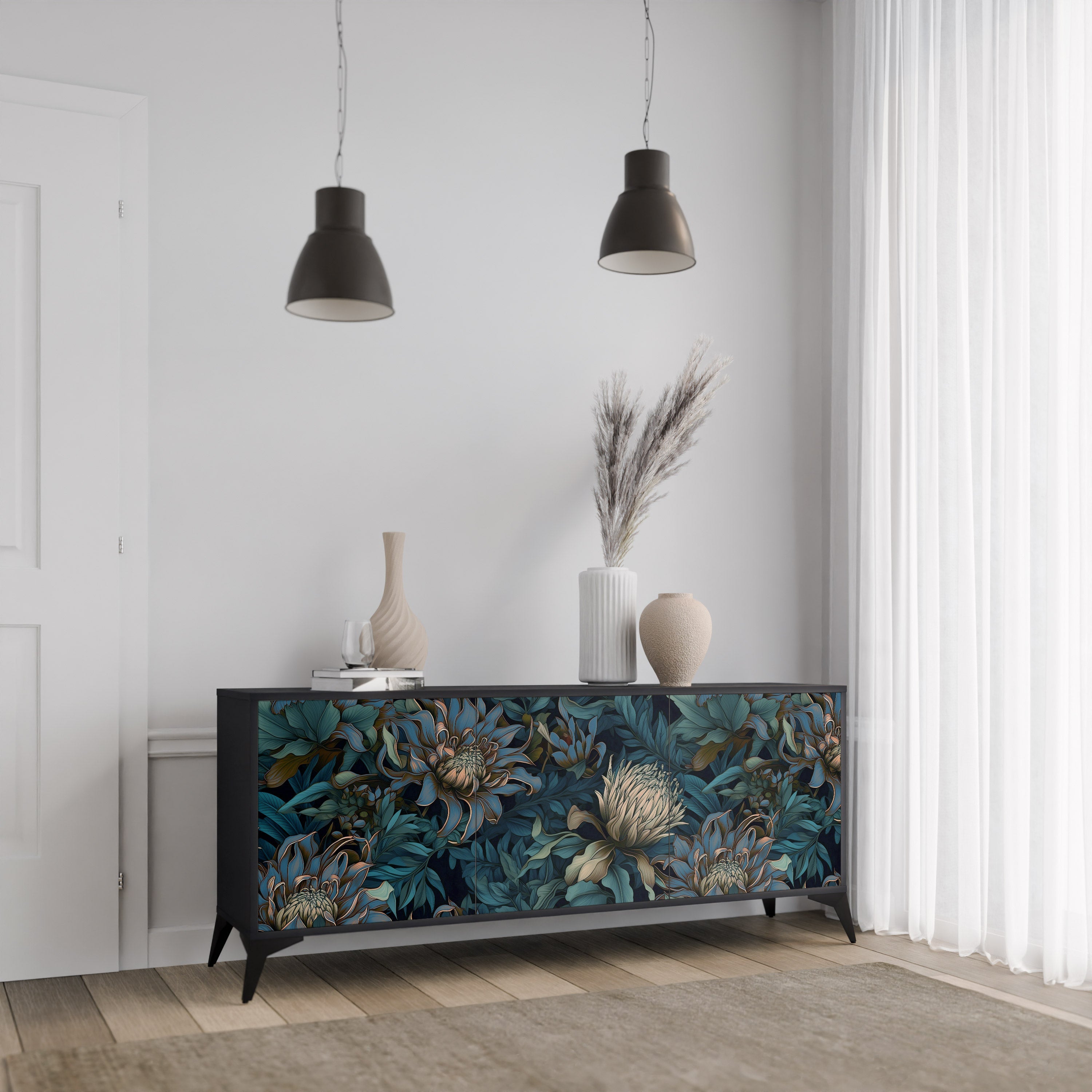 TWILIGHT BLOOM 3-Door Sideboard in Black Finish