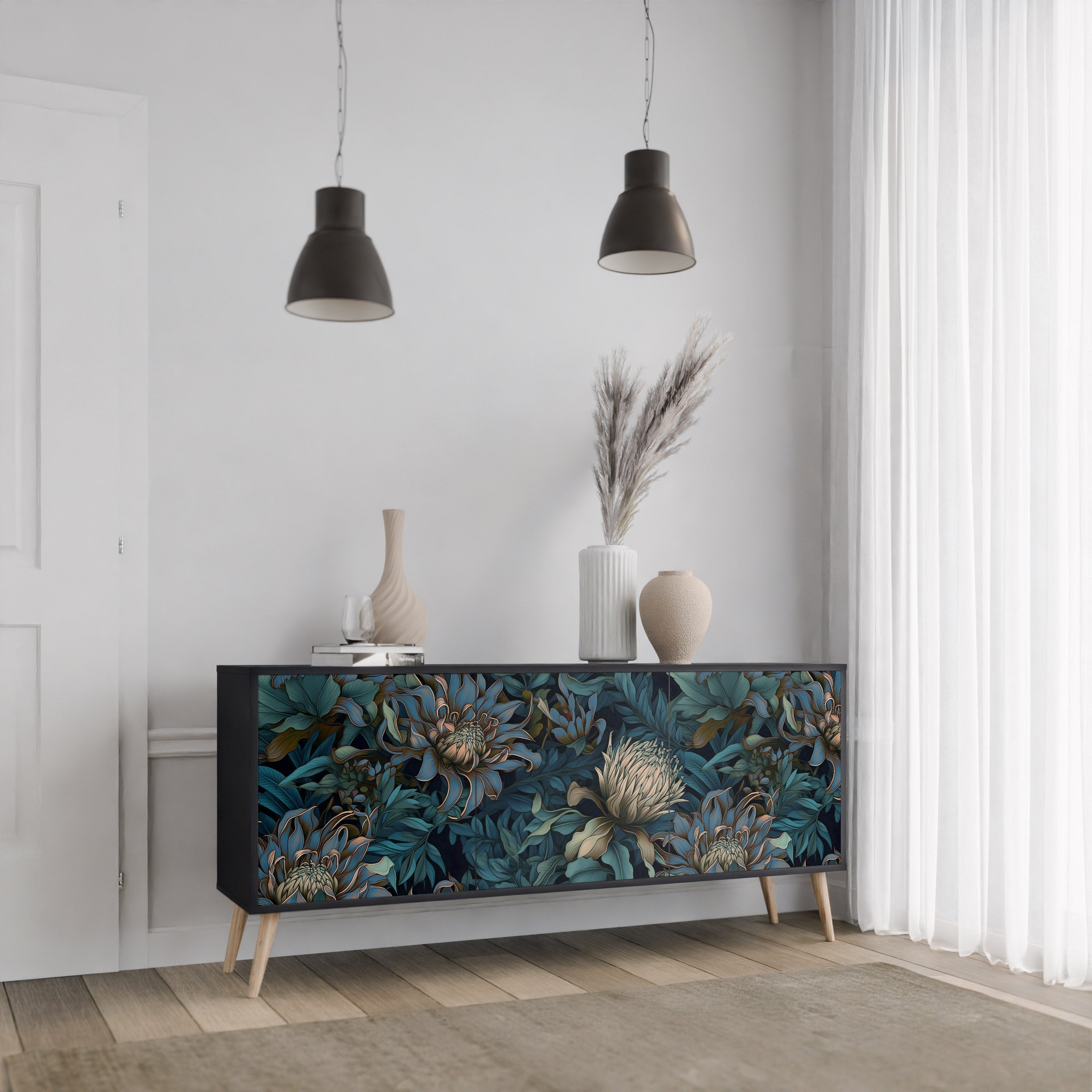TWILIGHT BLOOM 3-Door Sideboard in Black Finish