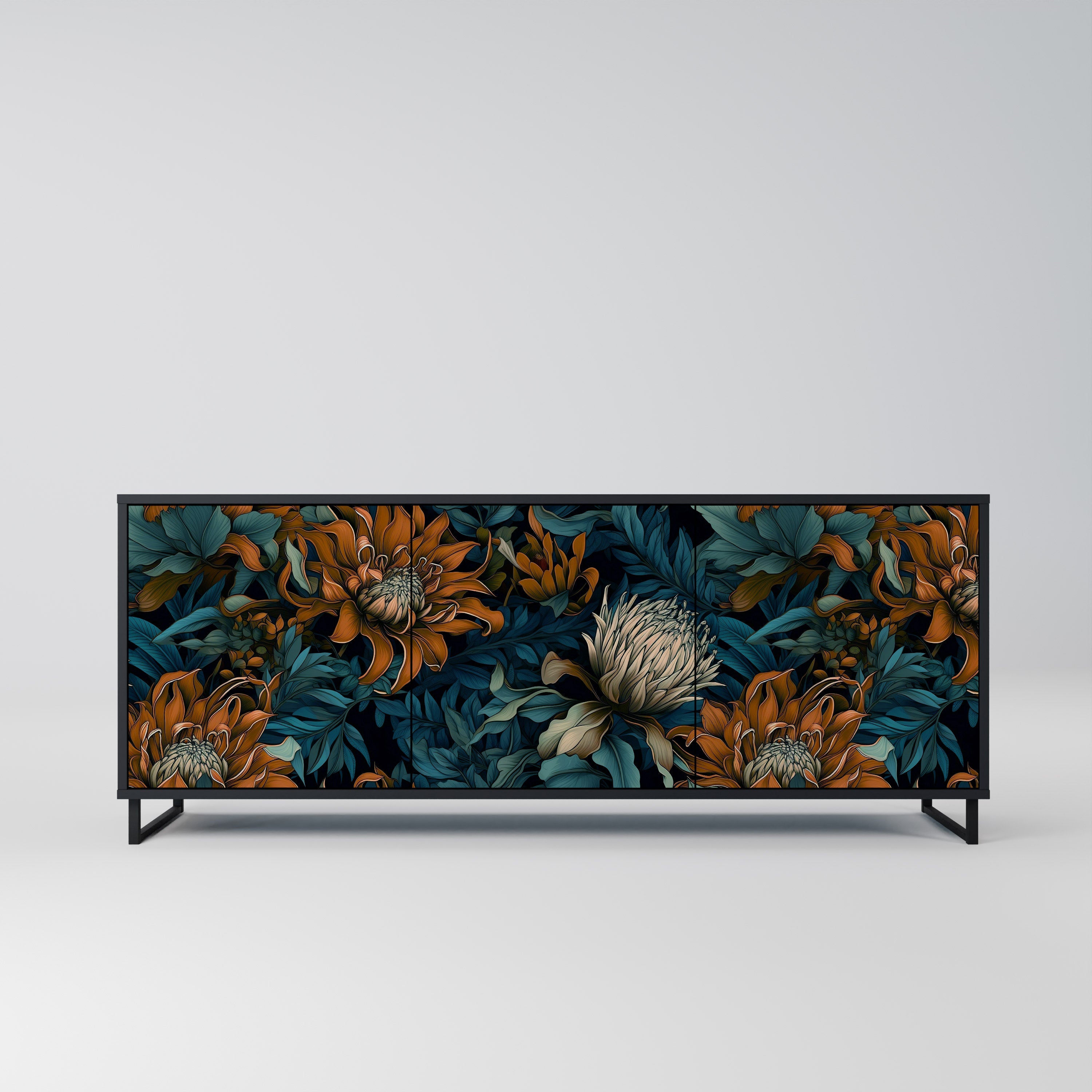 MORNING BLOOM 3-Door Sideboard in Black Finish