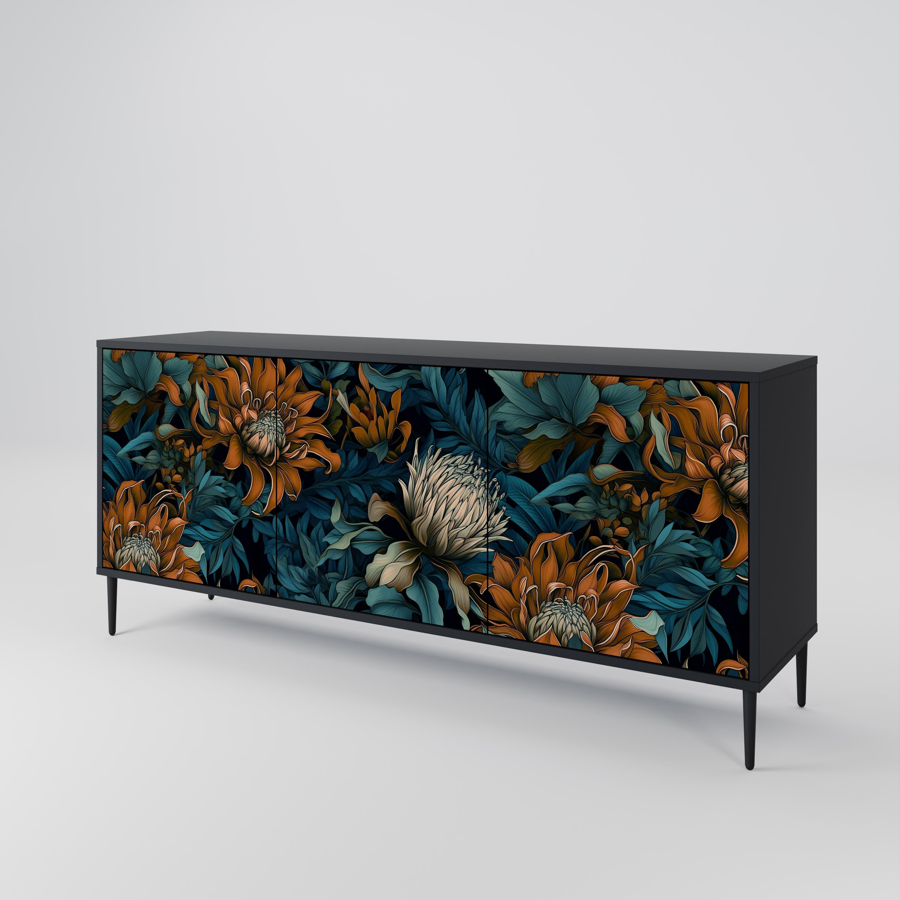 MORNING BLOOM 3-Door Sideboard in Black Finish