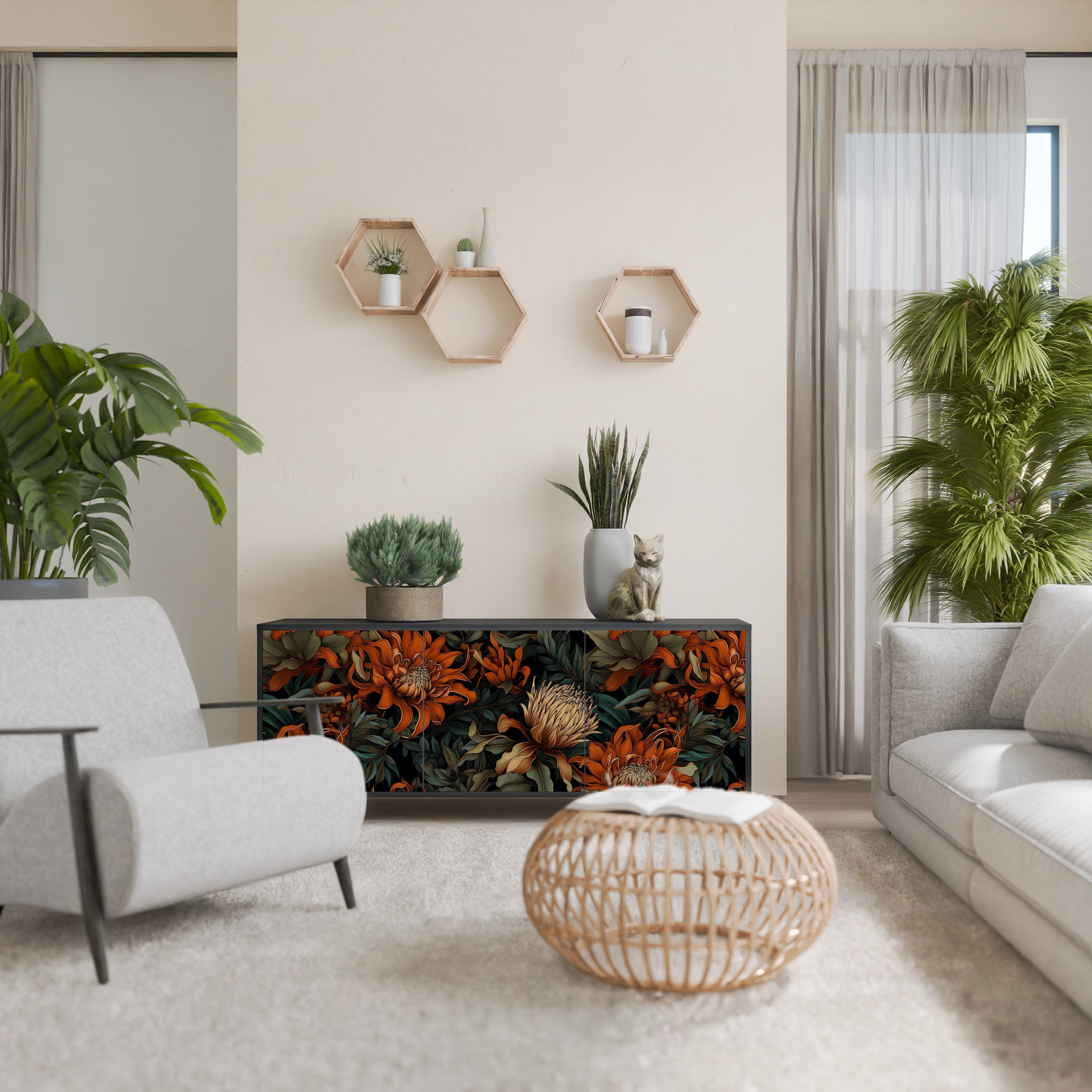 DAWN BLOOM 3-Door Sideboard in Black Finish