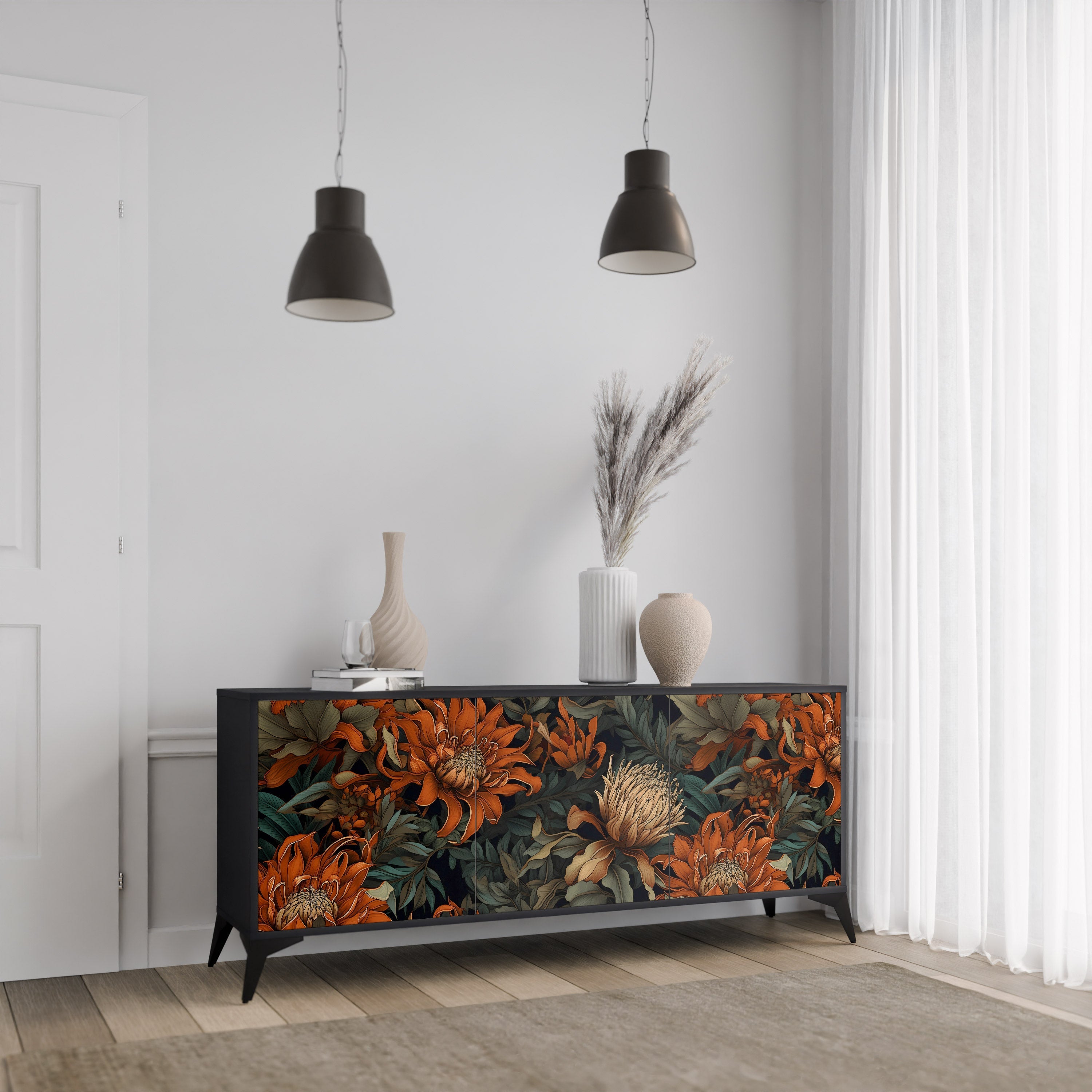 DAWN BLOOM 3-Door Sideboard in Black Finish