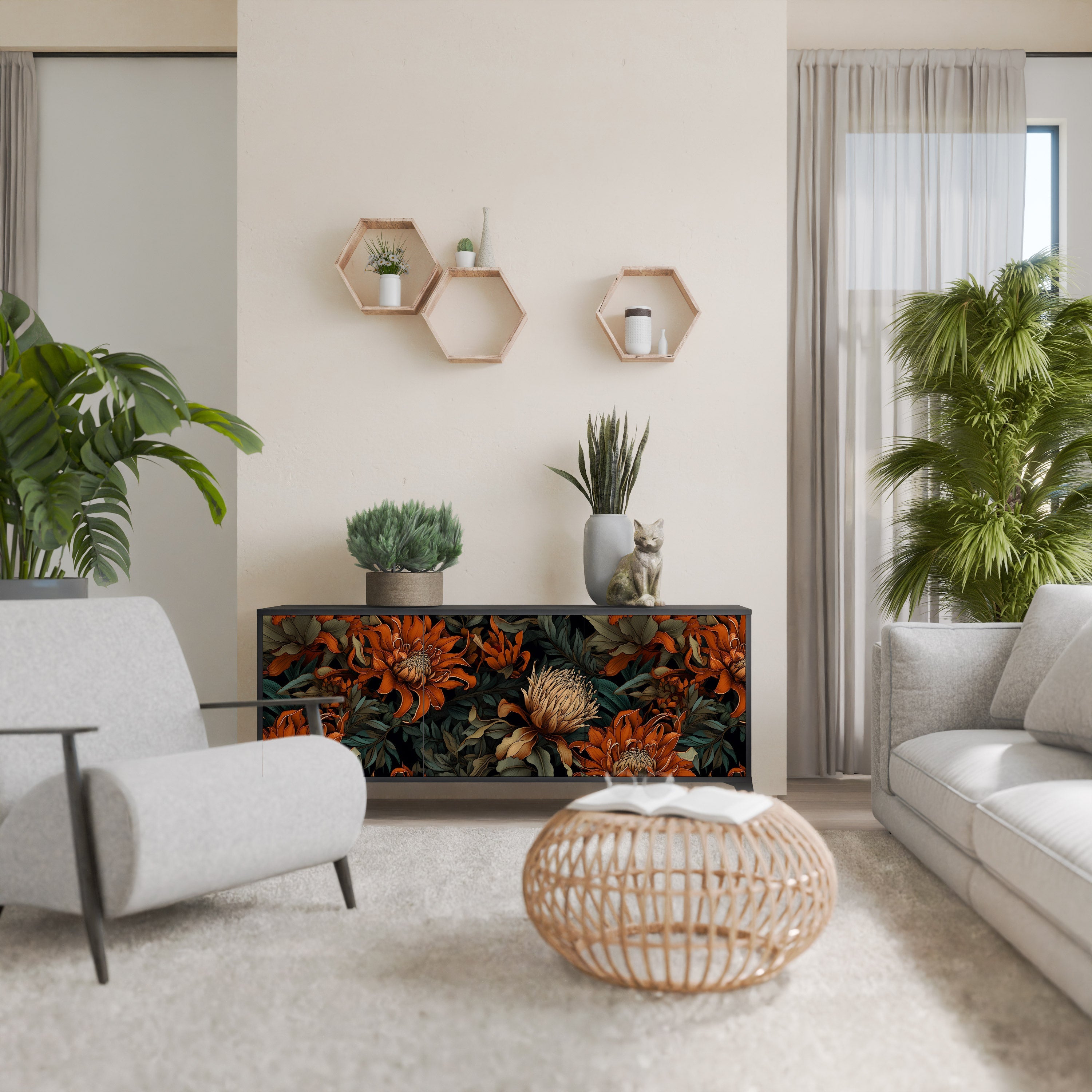 DAWN BLOOM 3-Door Sideboard in Black Finish