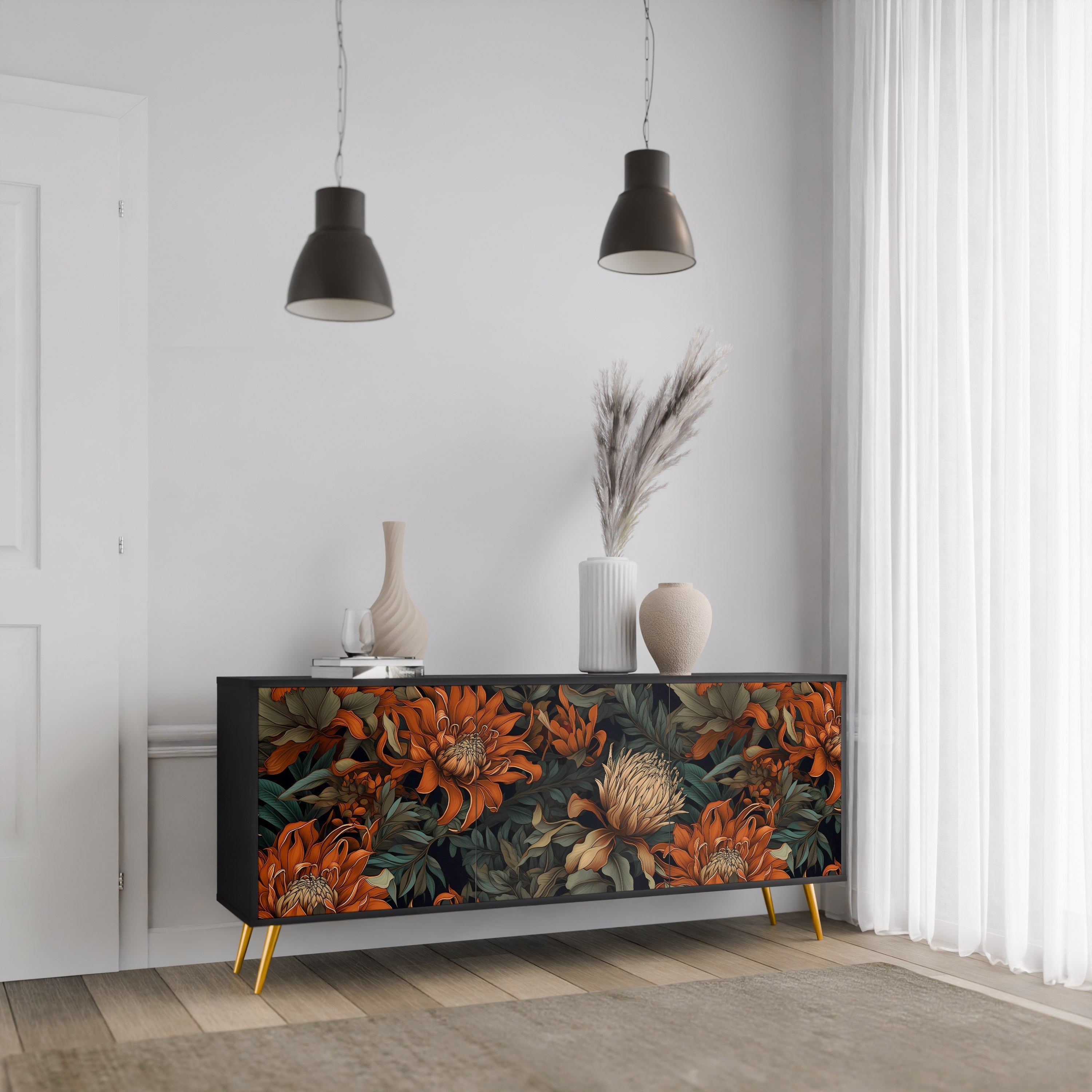 DAWN BLOOM 3-Door Sideboard in Black Finish