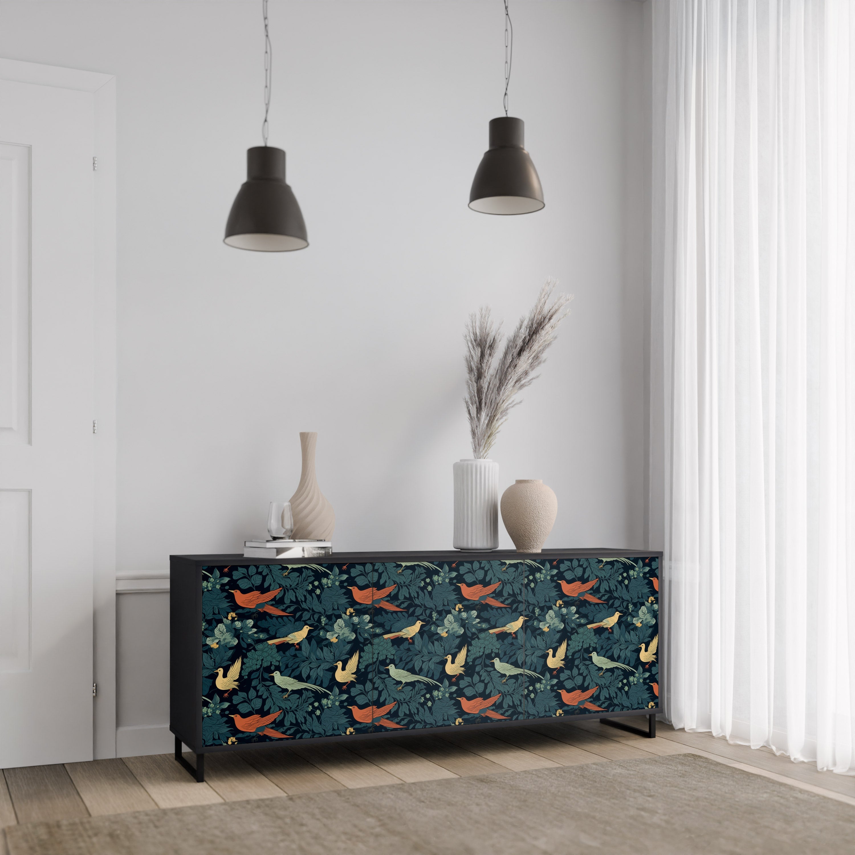 FOWL ORNAMENT 3-Door Sideboard in Black Finish