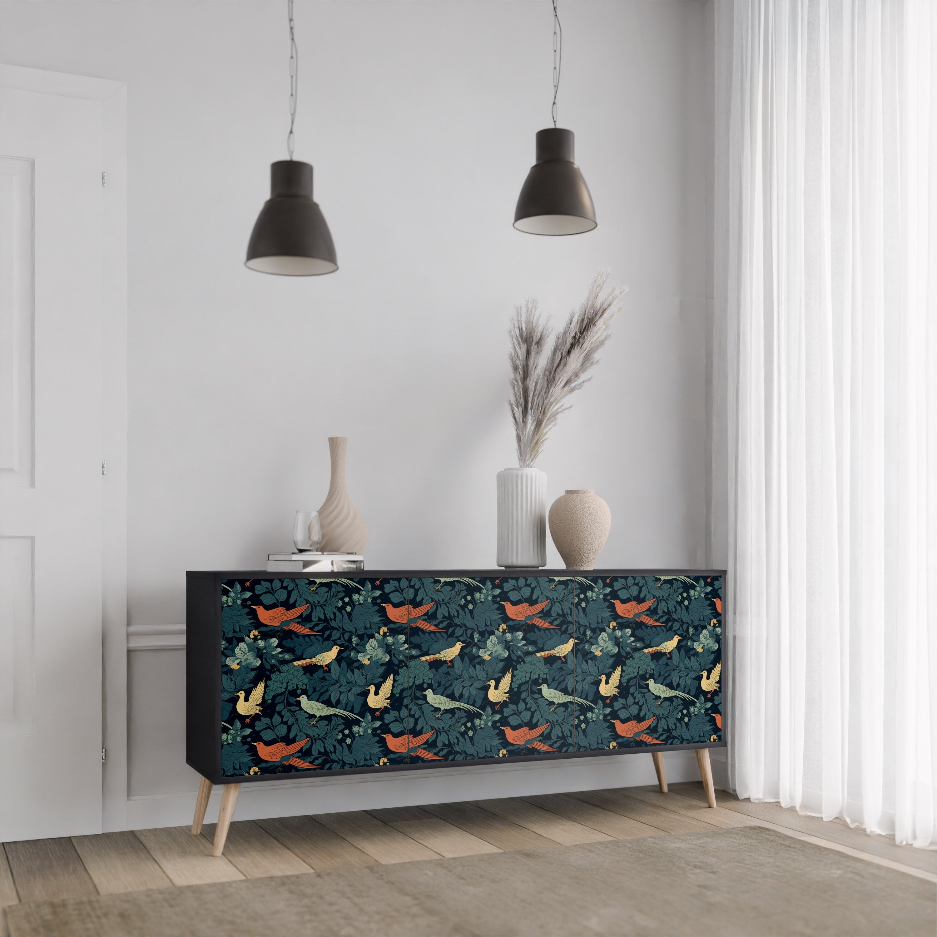 FOWL ORNAMENT 3-Door Sideboard in Black Finish