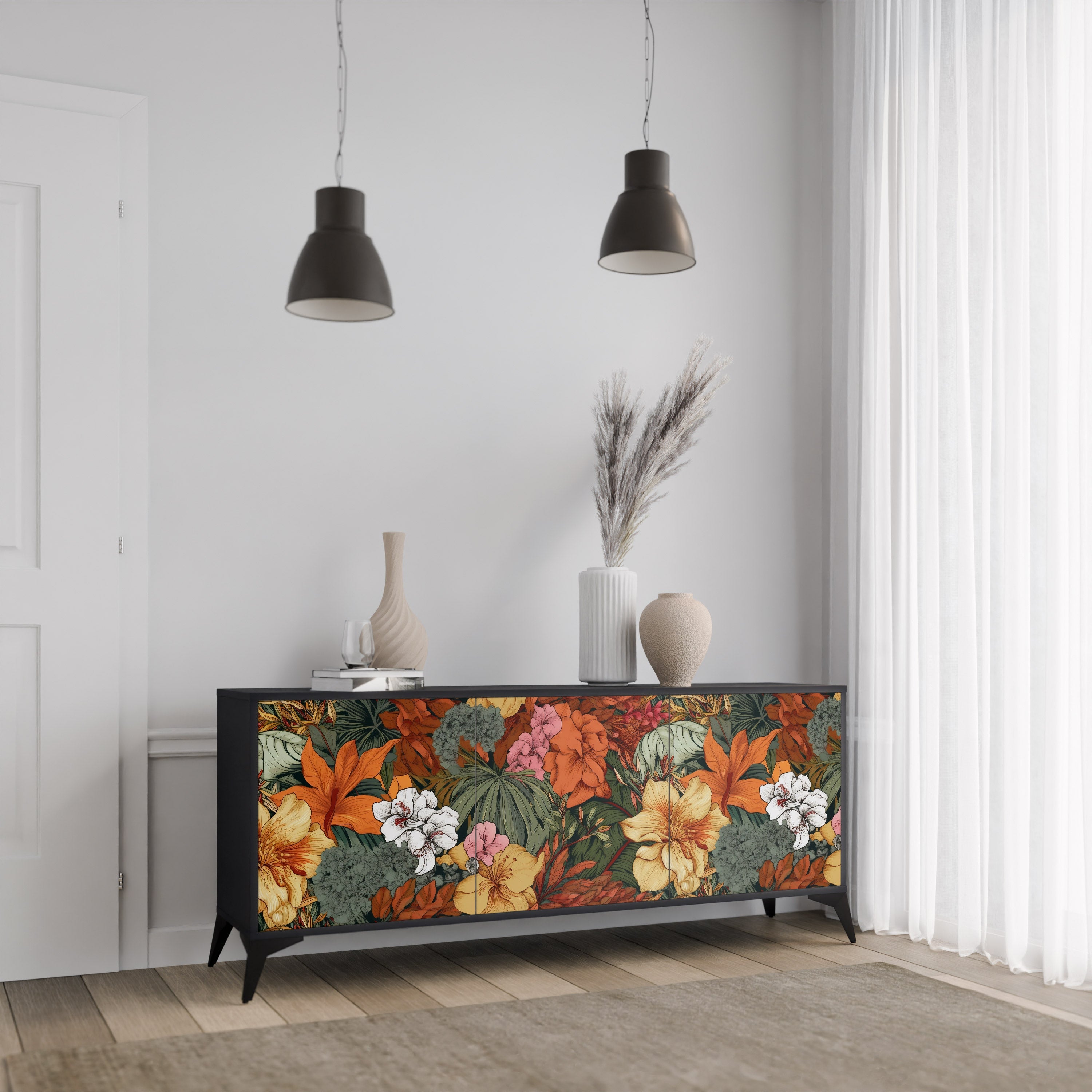 RADIANT FLORA Sideboard mit 3 Türen in Schwarz
