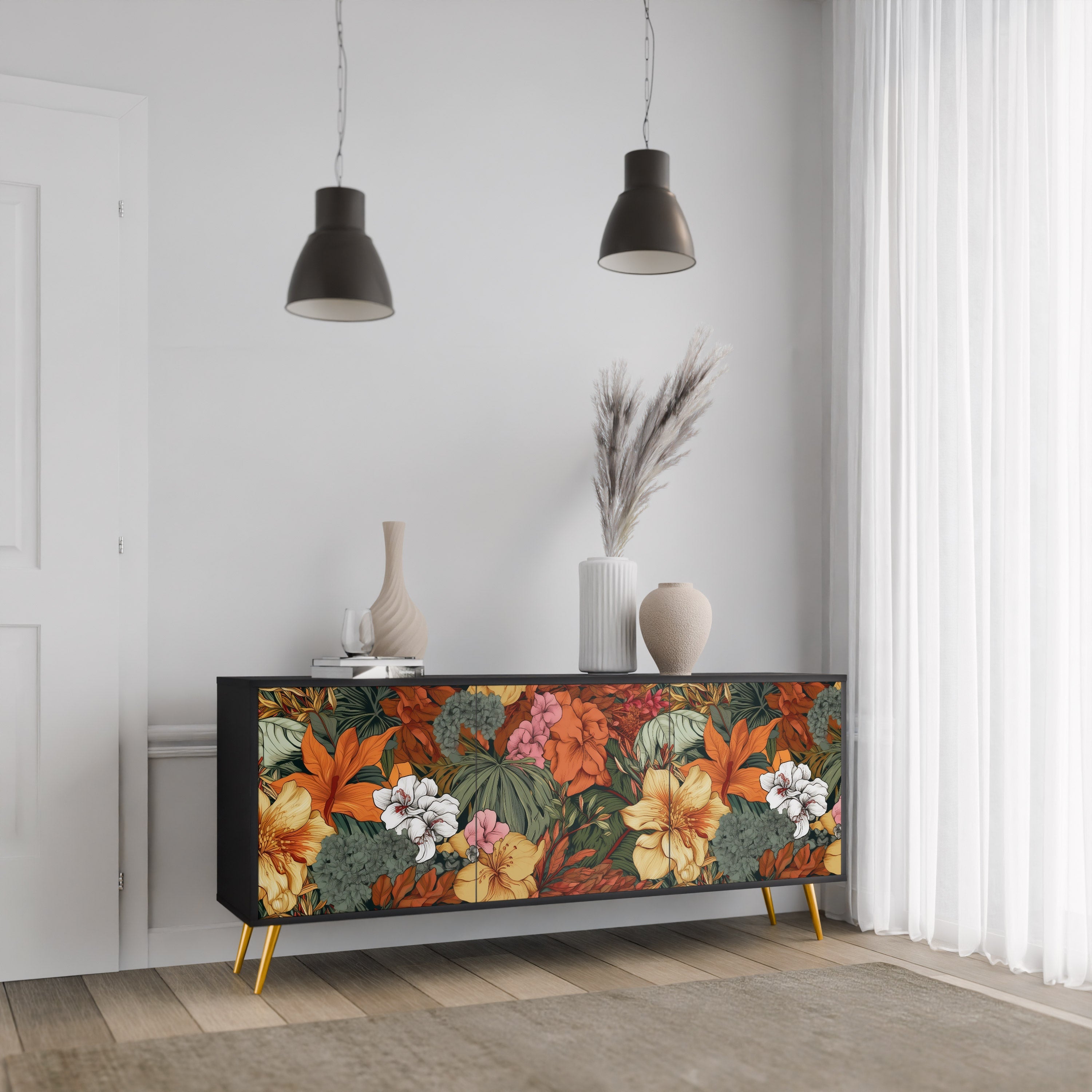 RADIANT FLORA Sideboard mit 3 Türen in Schwarz