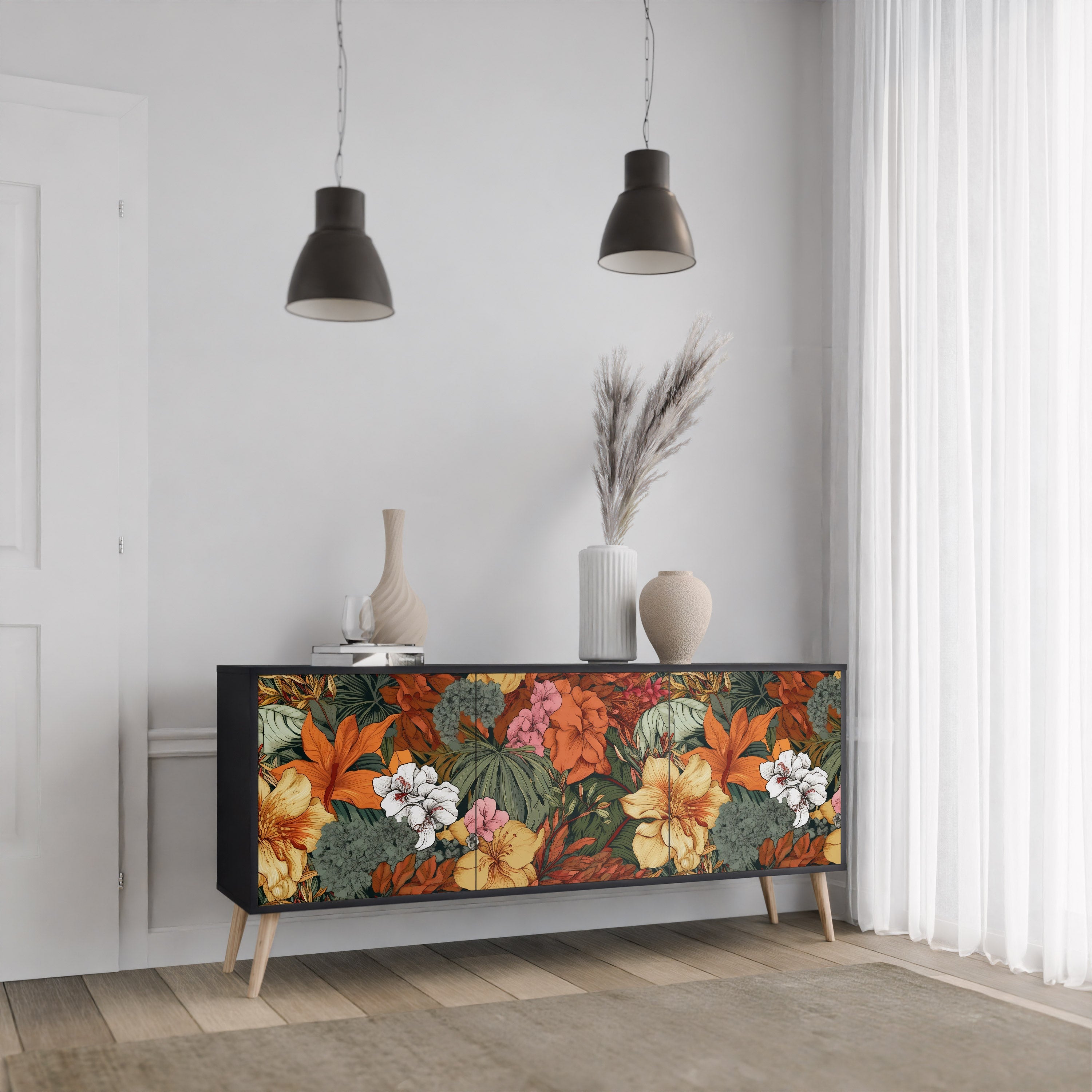 RADIANT FLORA Sideboard mit 3 Türen in Schwarz