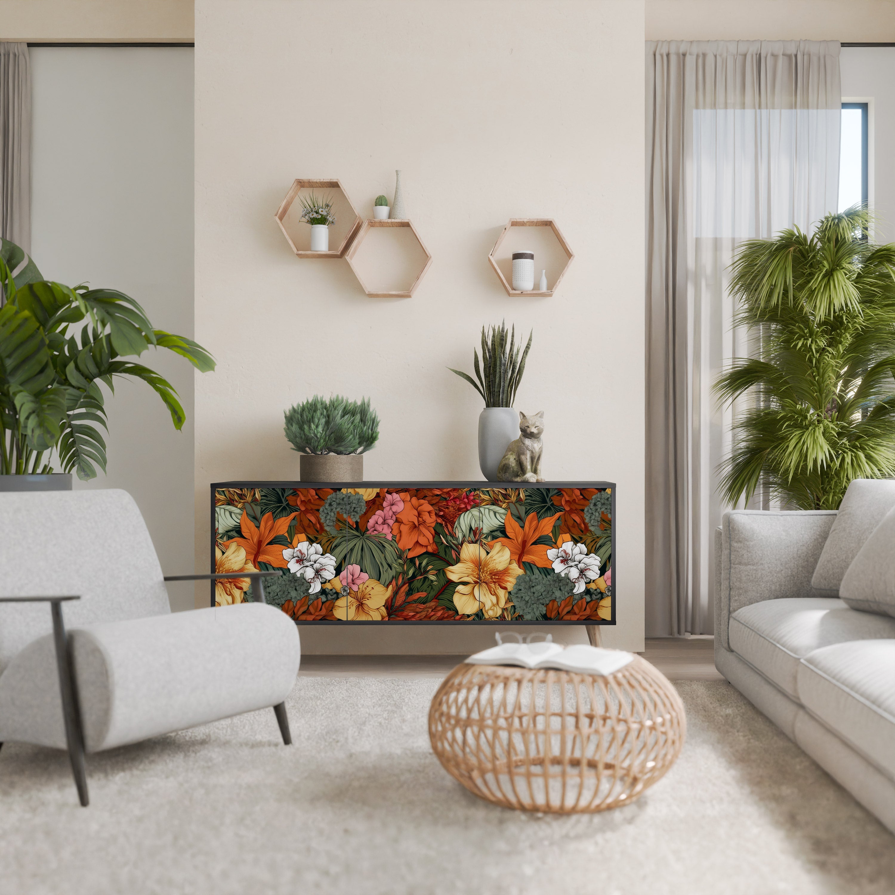 RADIANT FLORA Sideboard mit 3 Türen in Schwarz