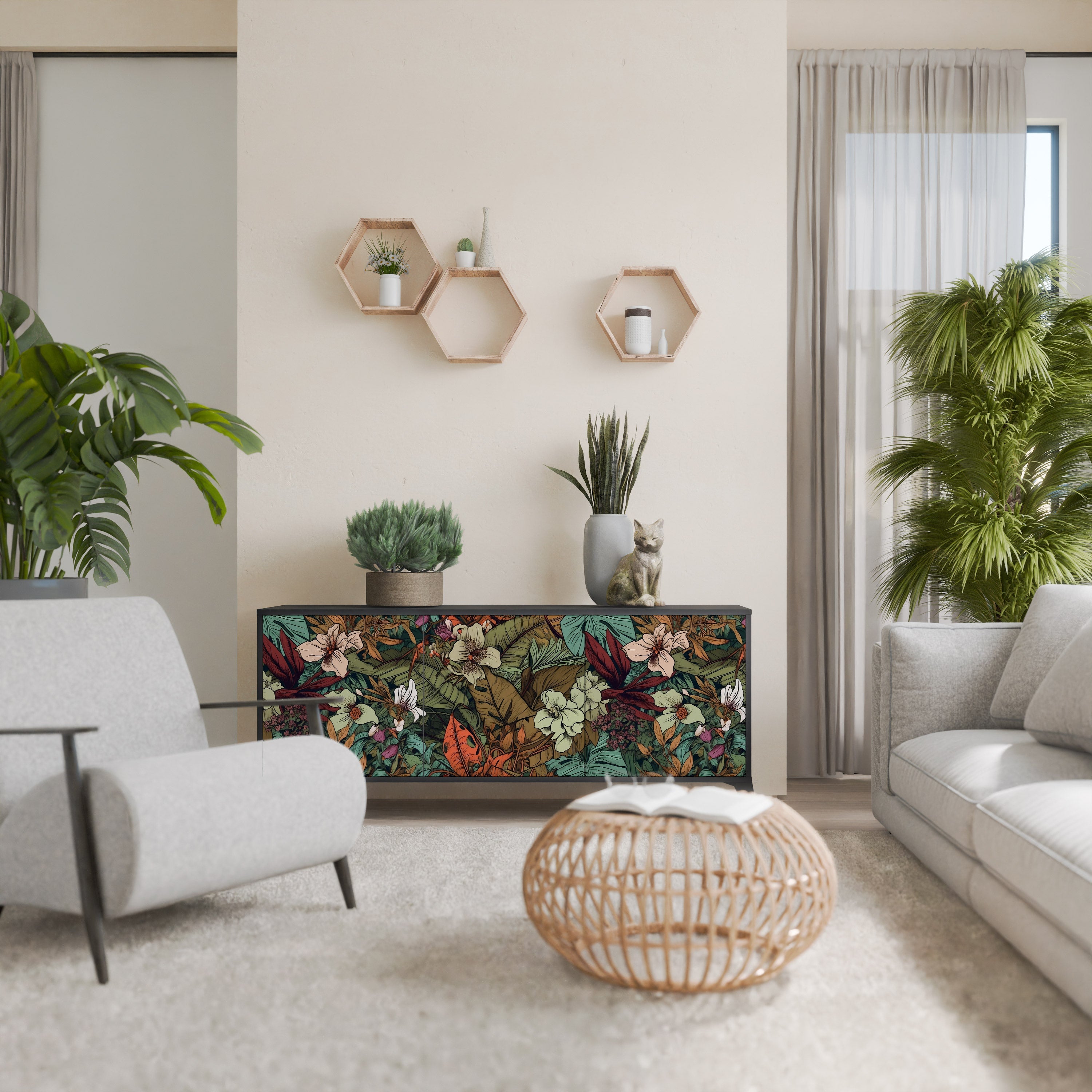 BOTANICAL EMERGENCE Sideboard mit 3 Türen in Schwarz