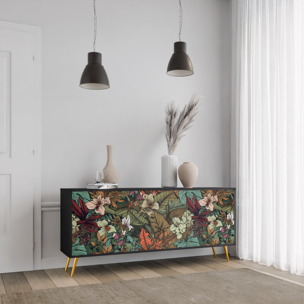 BOTANICAL EMERGENCE Sideboard mit 3 Türen in Schwarz
