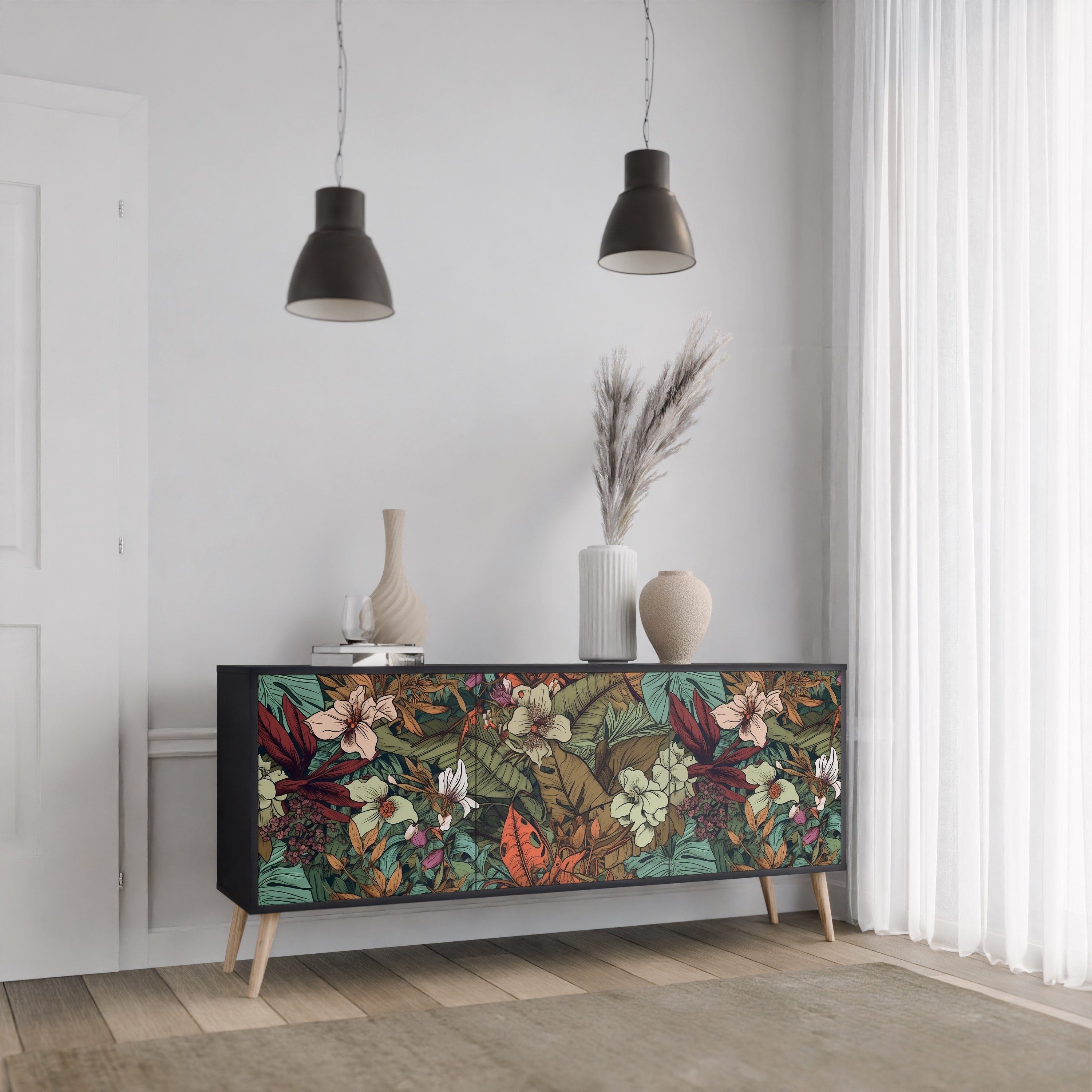 BOTANICAL EMERGENCE Sideboard mit 3 Türen in Schwarz