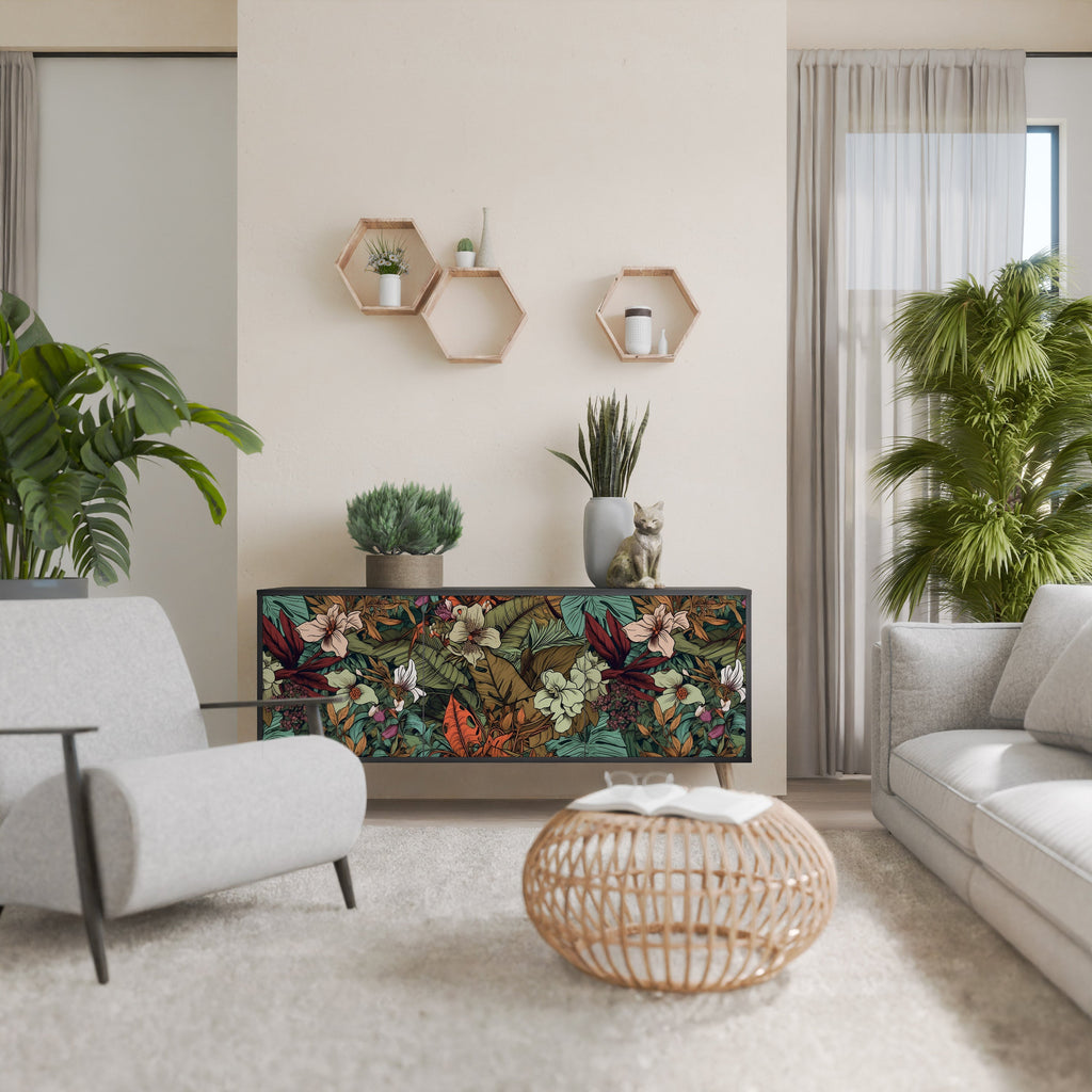 BOTANICAL EMERGENCE Sideboard mit 3 Türen in Schwarz