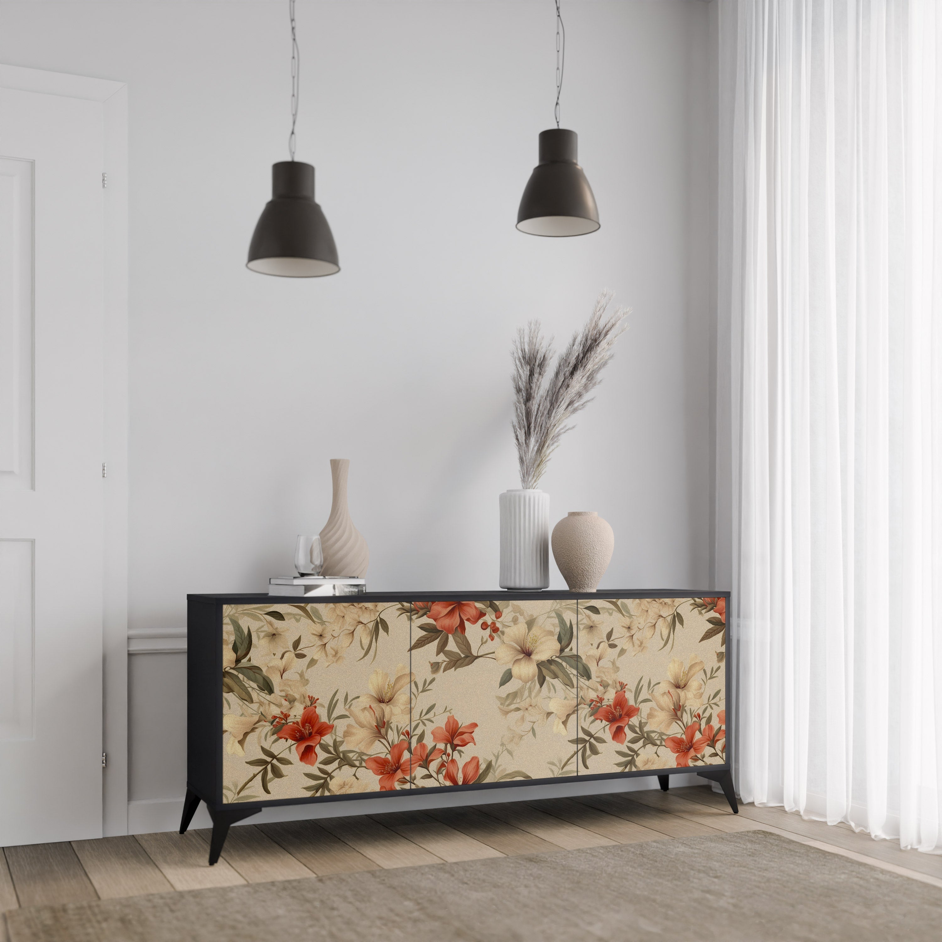 BLOOMING HARMONY 3-Door Sideboard in Black Finish