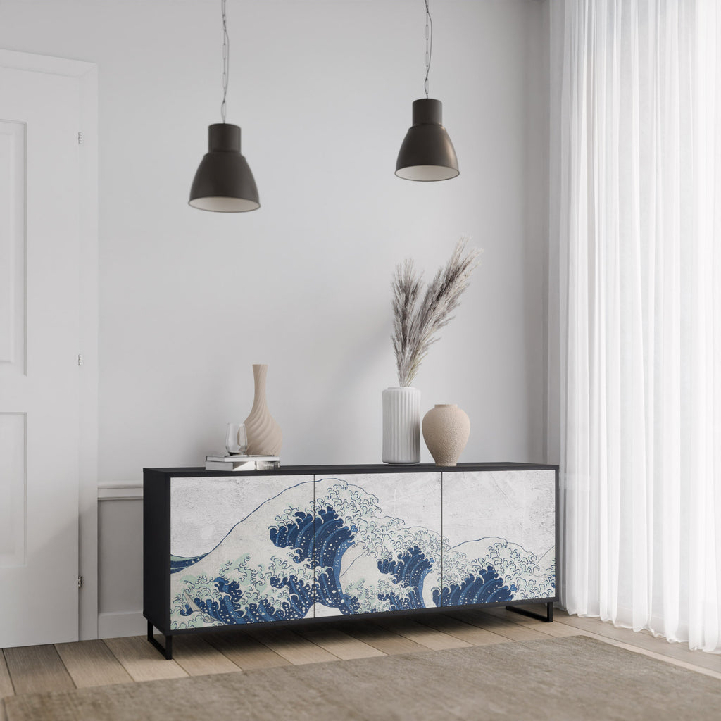 THE GREAT WAVE AT KANAGAWA Sideboard mit 3 Türen in Schwarz