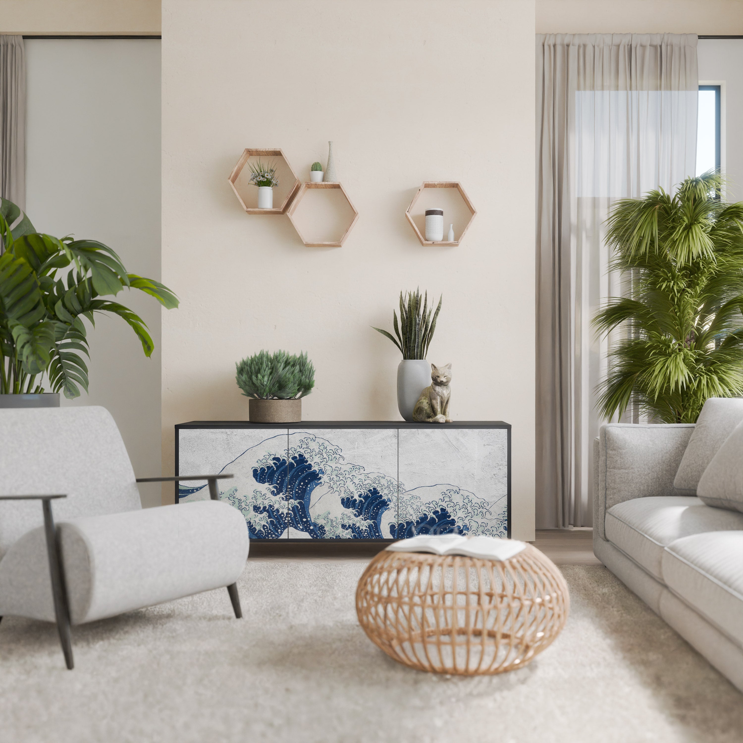 THE GREAT WAVE AT KANAGAWA Sideboard mit 3 Türen in Schwarz