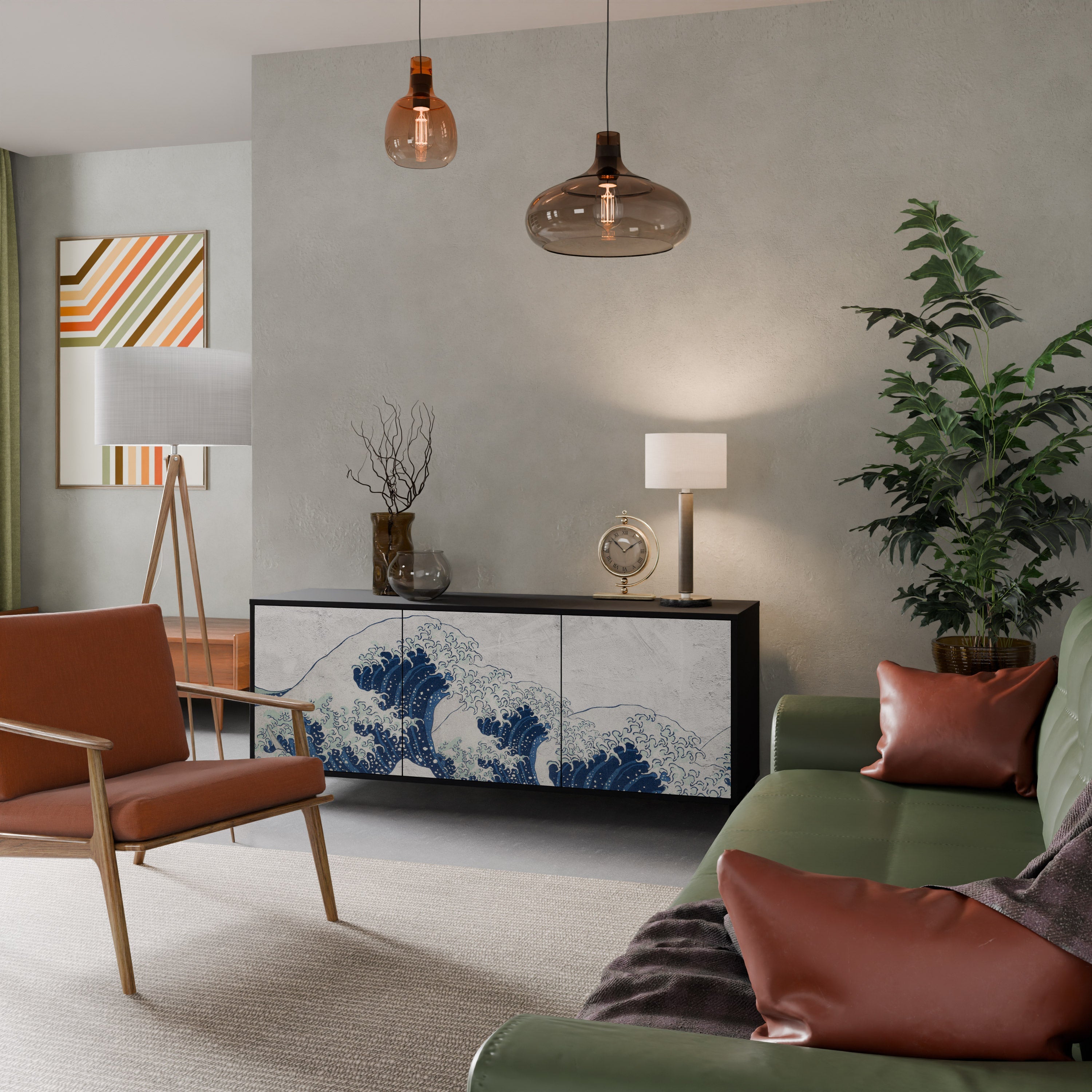 THE GREAT WAVE AT KANAGAWA Sideboard mit 3 Türen in Schwarz