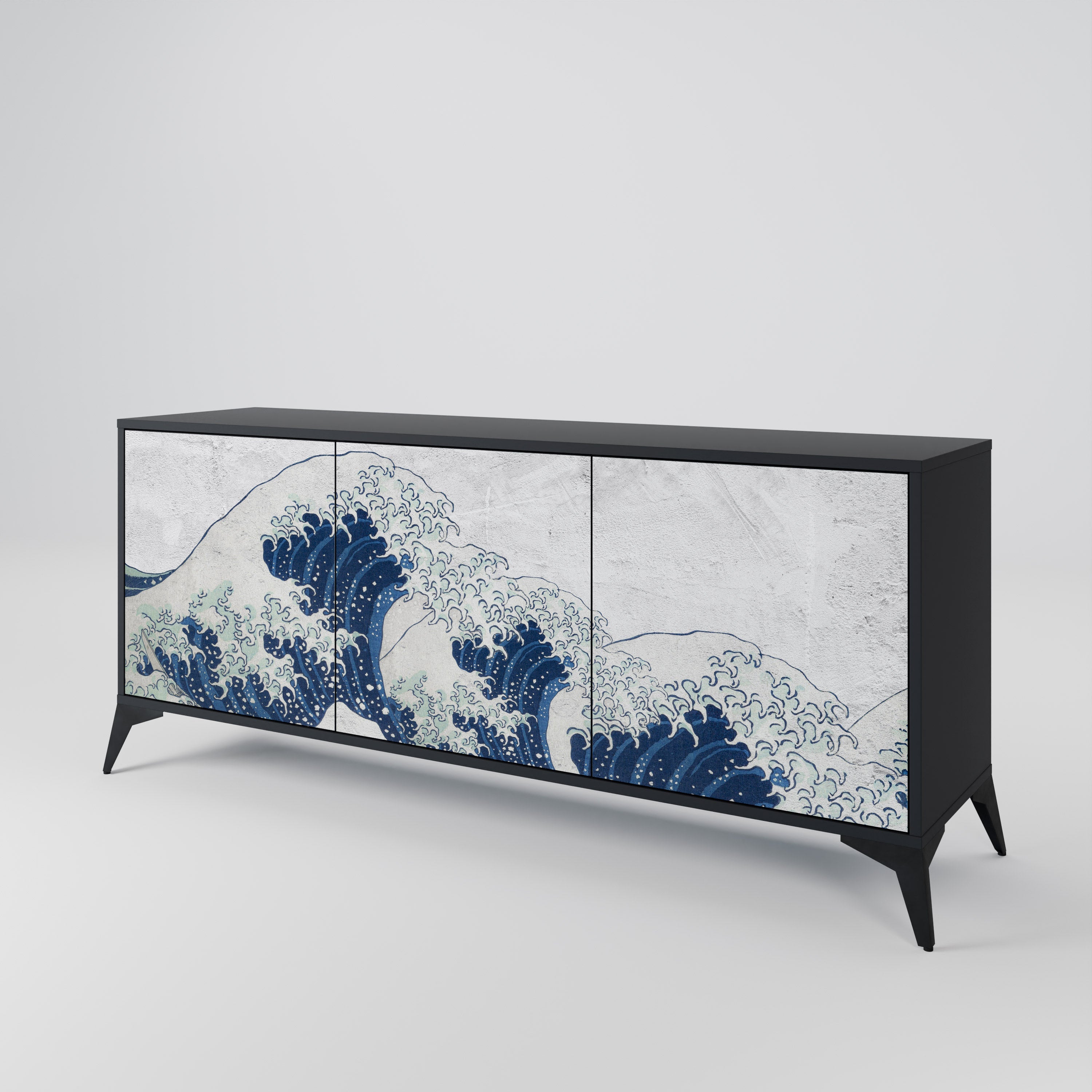 THE GREAT WAVE AT KANAGAWA Sideboard mit 3 Türen in Schwarz