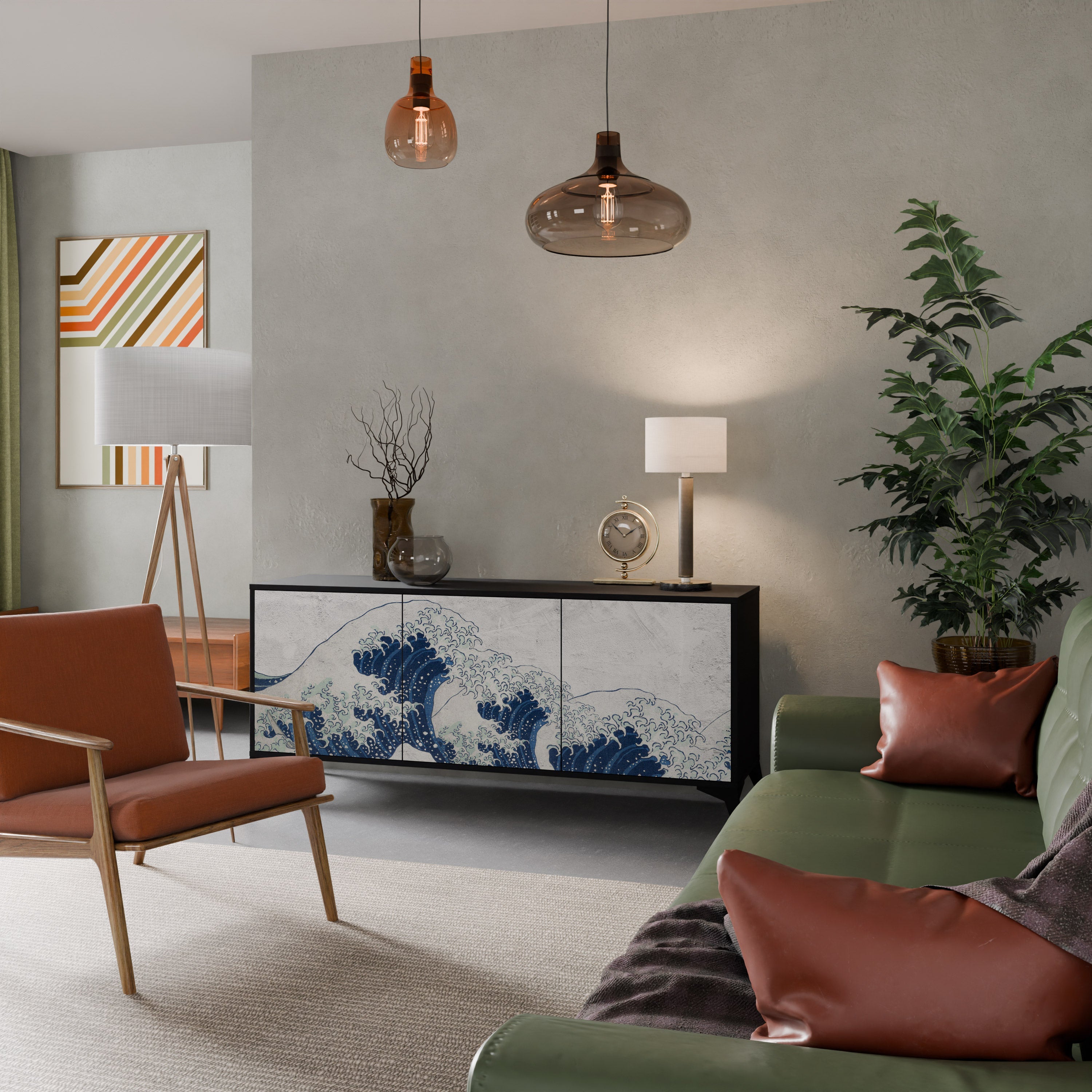 THE GREAT WAVE AT KANAGAWA Sideboard mit 3 Türen in Schwarz