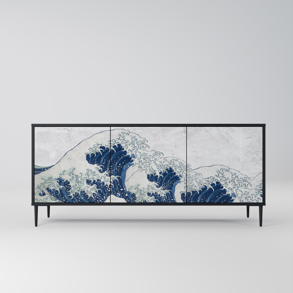 THE GREAT WAVE AT KANAGAWA Sideboard mit 3 Türen in Schwarz