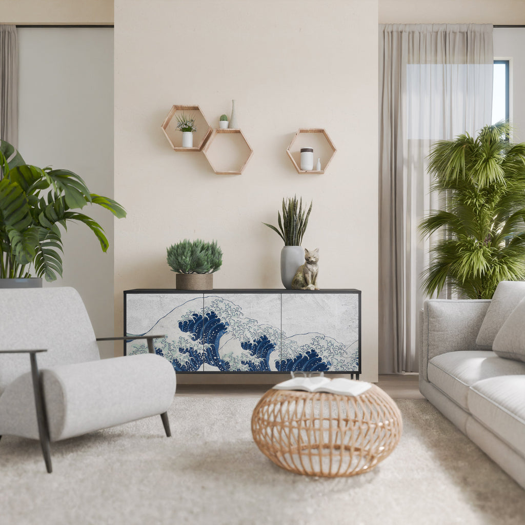 THE GREAT WAVE AT KANAGAWA Sideboard mit 3 Türen in Schwarz