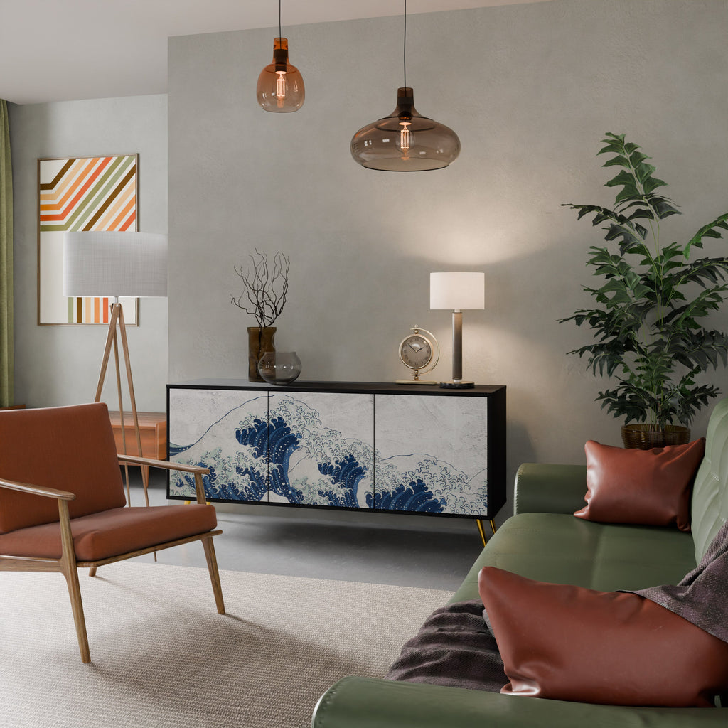 THE GREAT WAVE AT KANAGAWA Sideboard mit 3 Türen in Schwarz