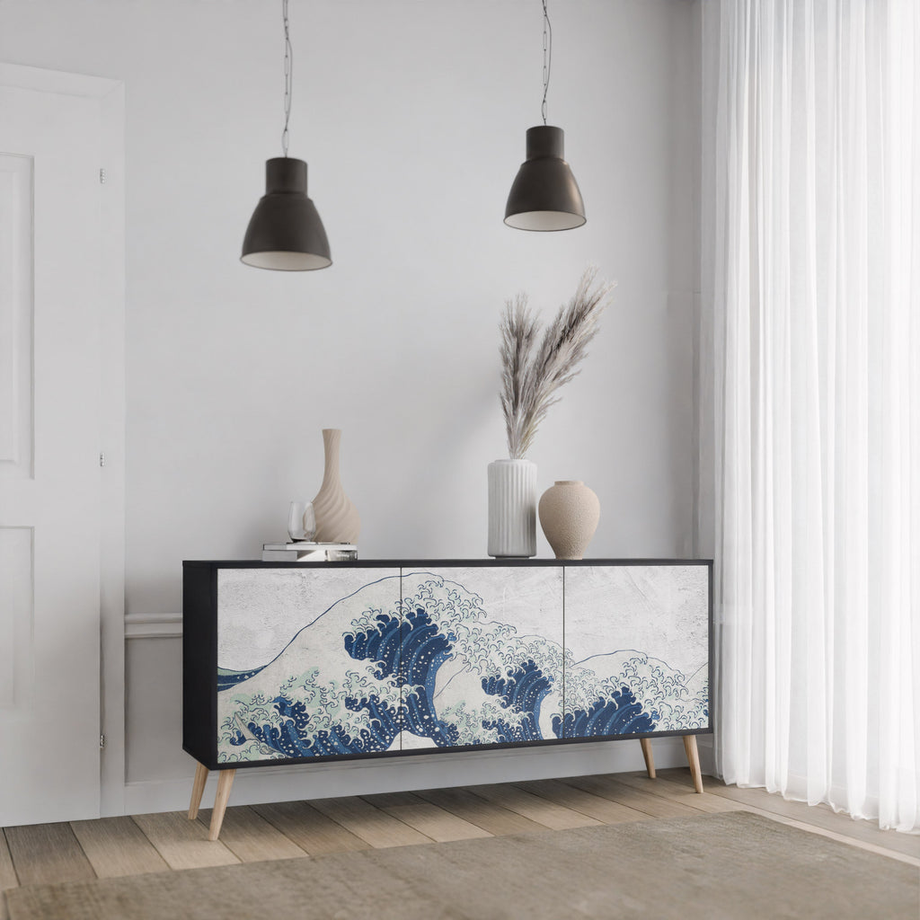 THE GREAT WAVE AT KANAGAWA Sideboard mit 3 Türen in Schwarz