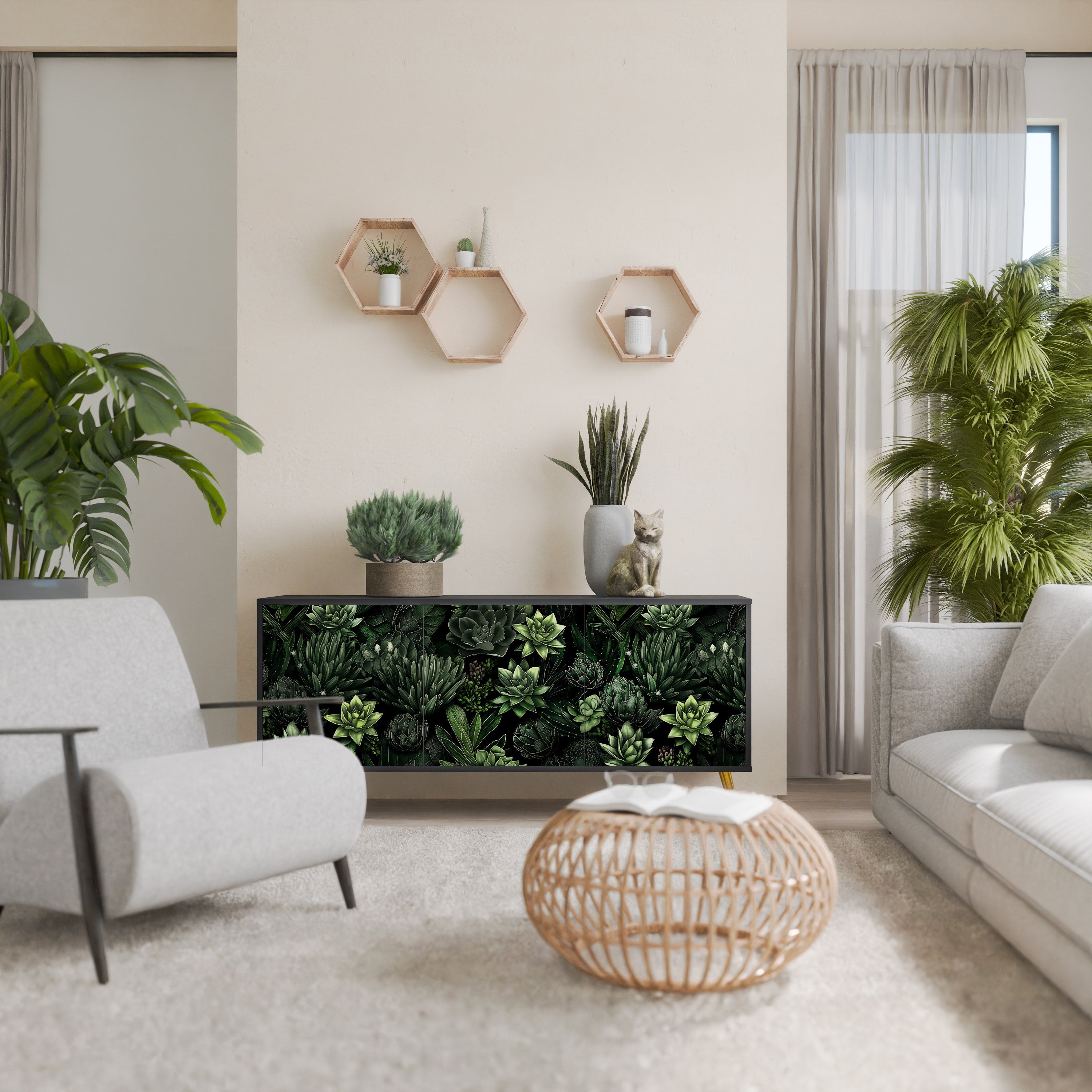 SUCCULENT JUNGLE Sideboard mit 3 Türen in Schwarz