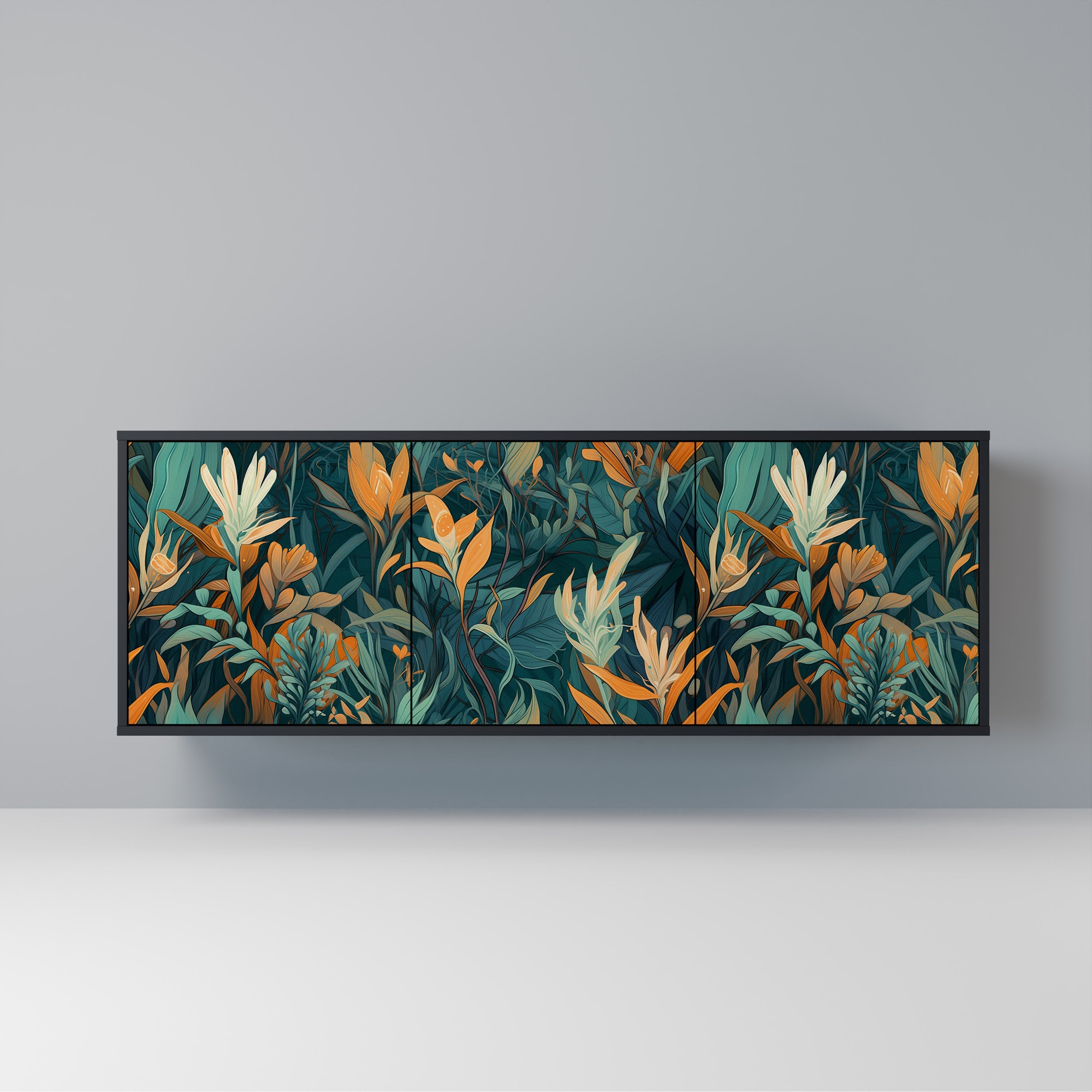 FLORAL SERENITY 3-Door Sideboard in Black Finish